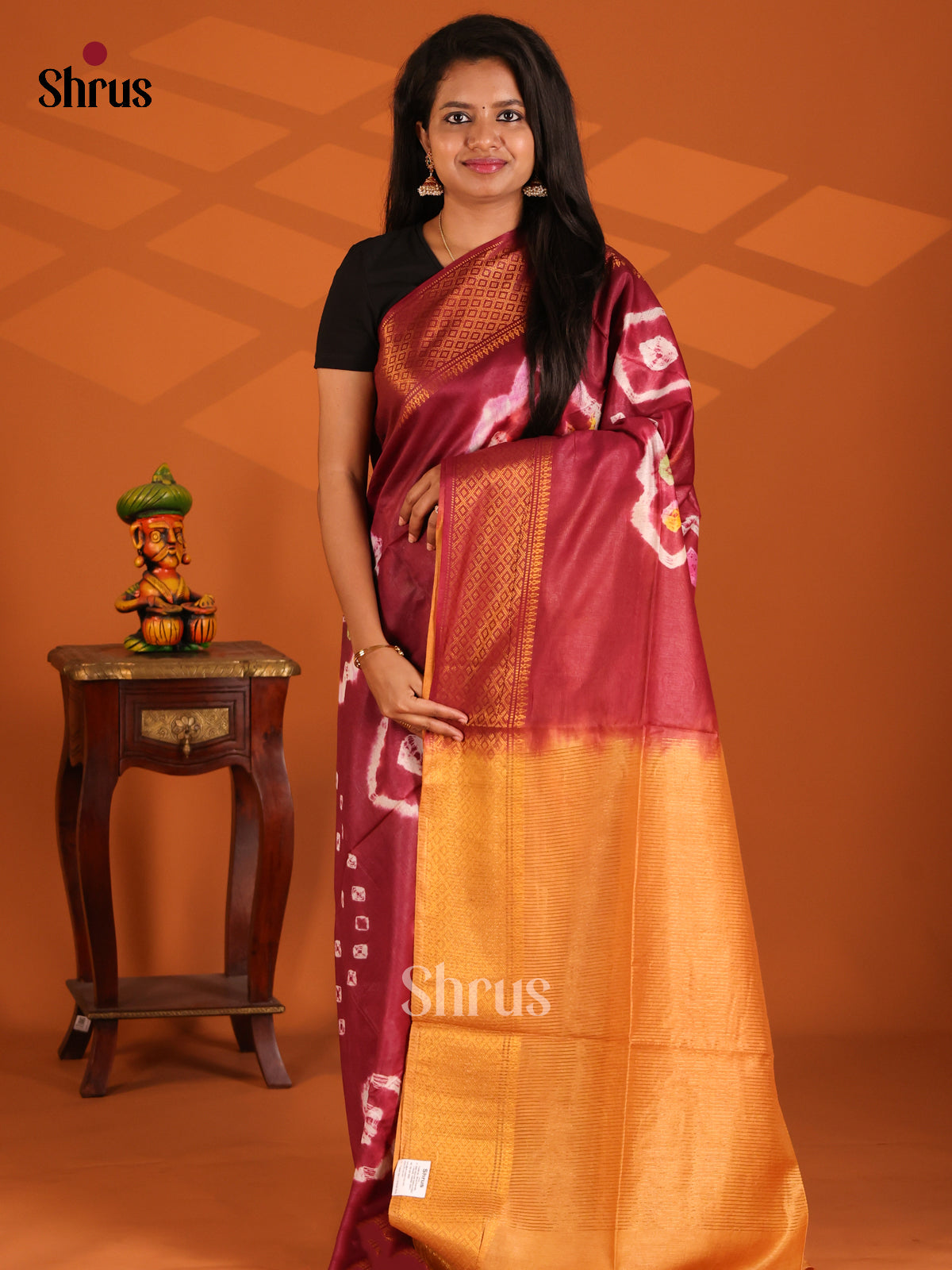 Maroon with Brick - shibori saree - Shop on Shrus.com