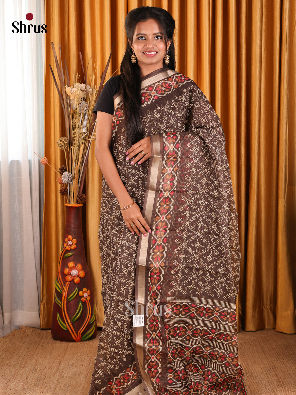 Brown - Kota Cotton Saree - Shop on Shrus.com