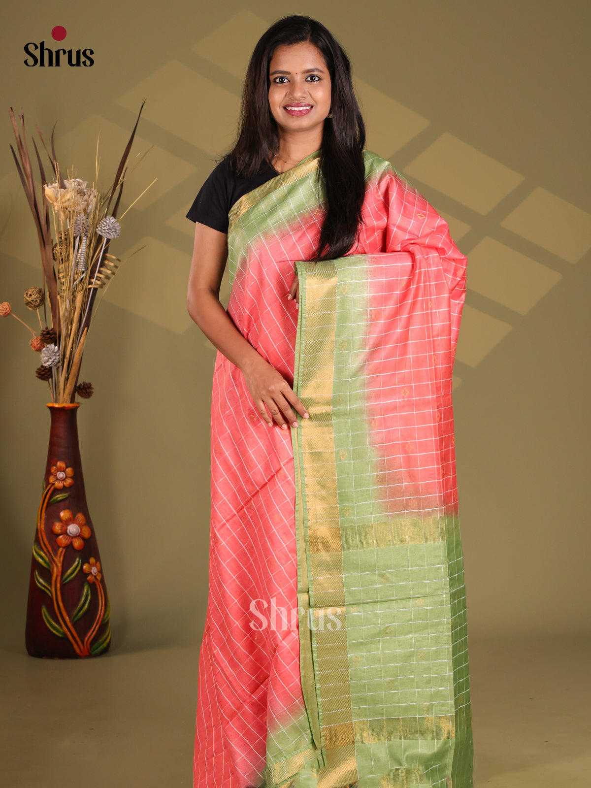 Pink & Green - Semi Tussar Saree - Shop on Shrus.com