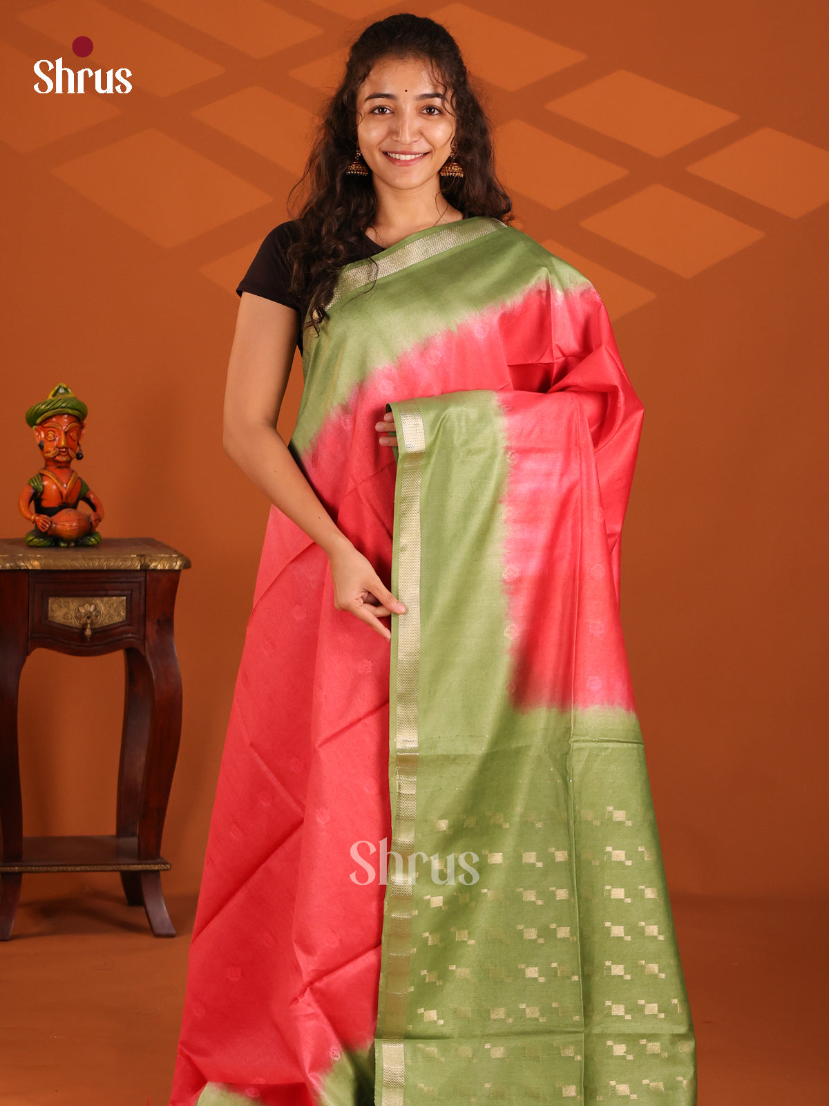 Red & Green - Semi Tussar Saree - Shop on Shrus.com