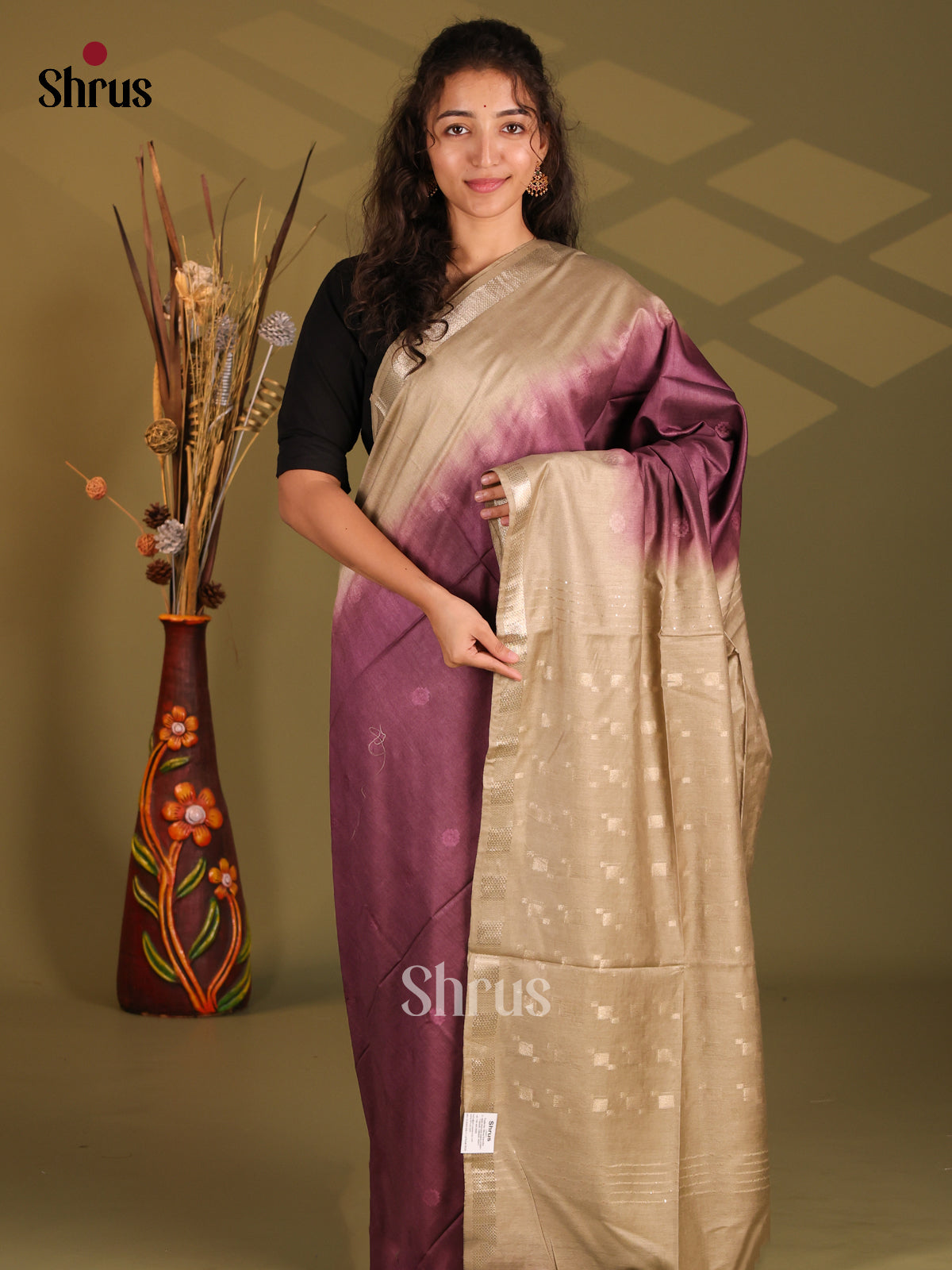 Dark Purple & Cream - Semi Tussar Saree - Shop on Shrus.com