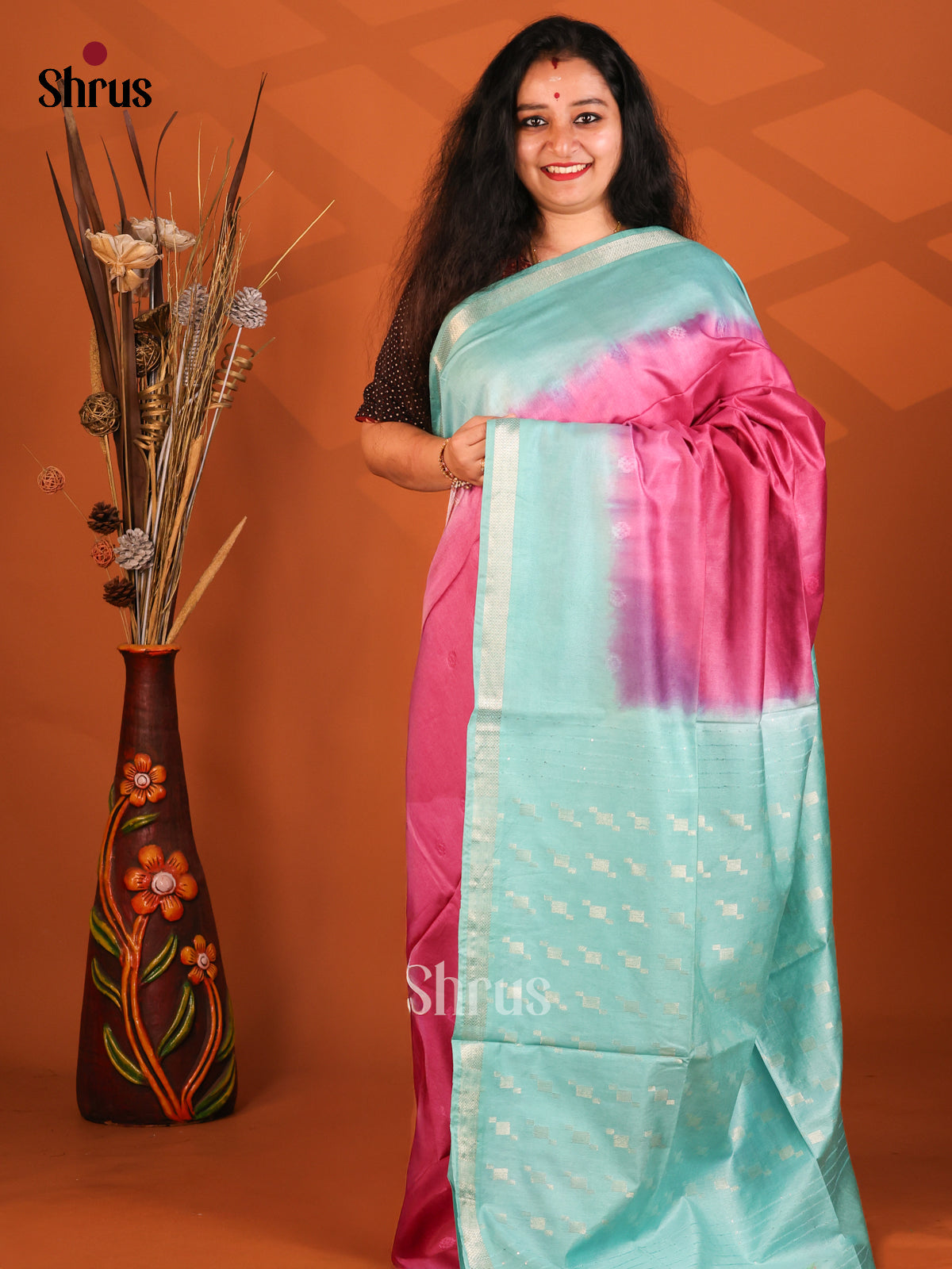 Pink & Teal- Semi Tussar Saree - Shop on Shrus.com