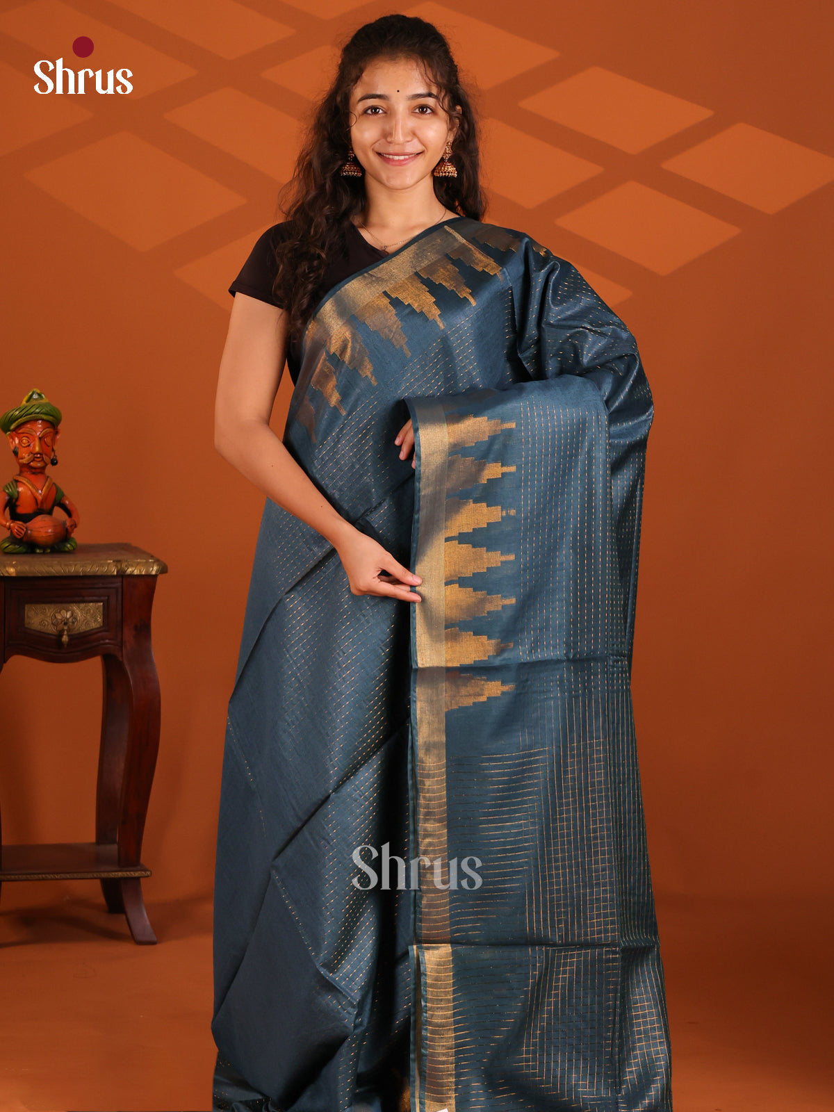 Peacock Blue - Semi Tussar Saree - Shop on Shrus.com