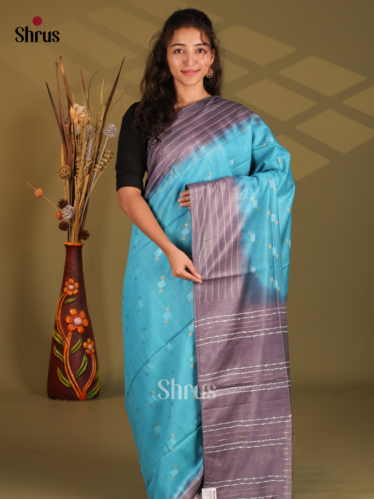 Blue & Grey - Semi Tussar Saree - Shop on Shrus.com