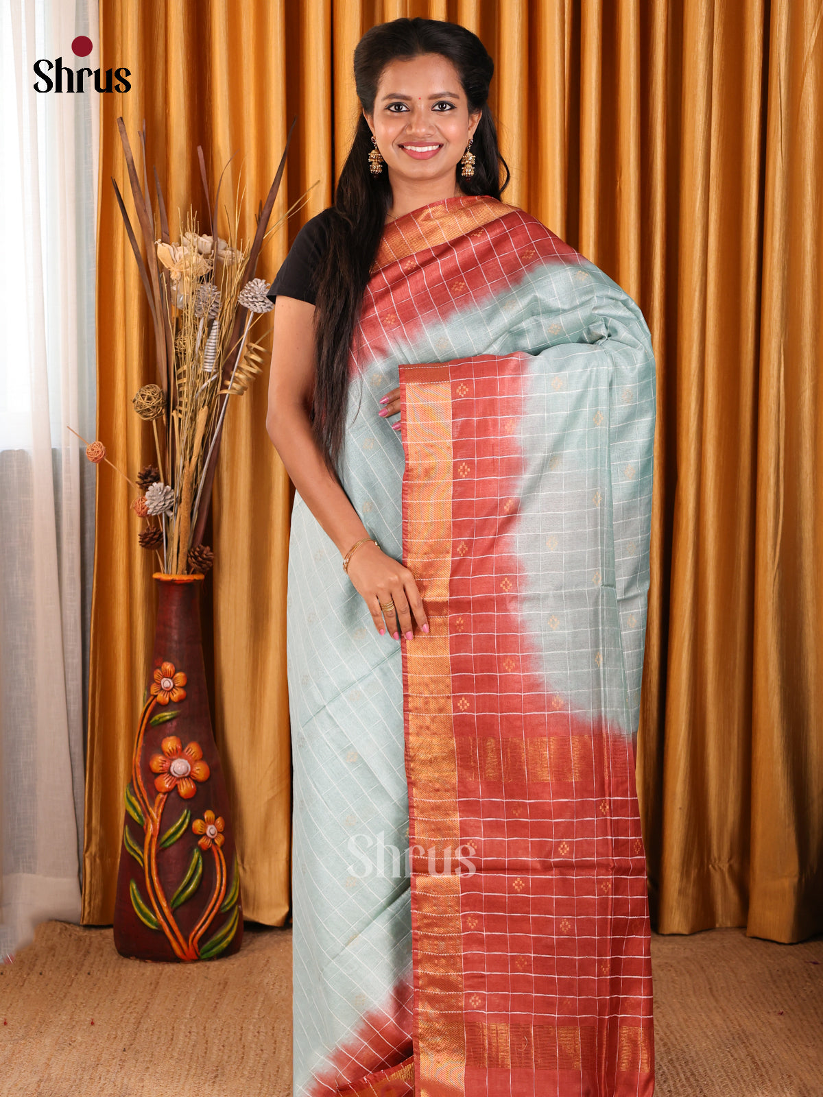Blue & Brown- Semi Tussar Saree - Shop on Shrus.com