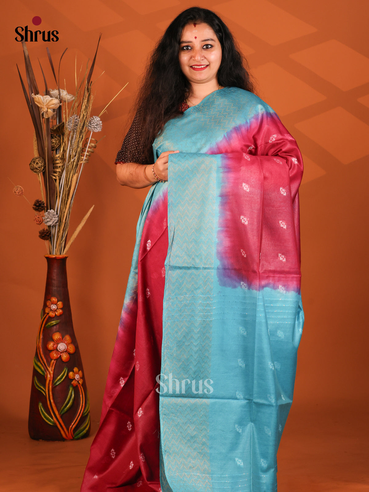Maroon & Teal- Semi Tussar Saree - Shop on Shrus.com