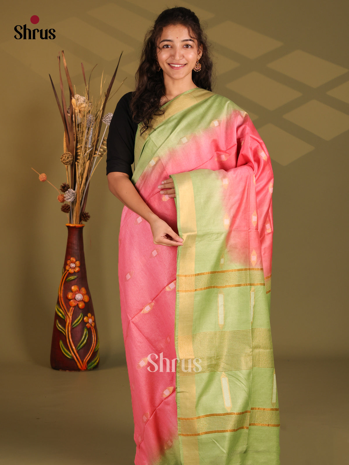 Pink & Green- Semi Tussar Saree - Shop on Shrus.com