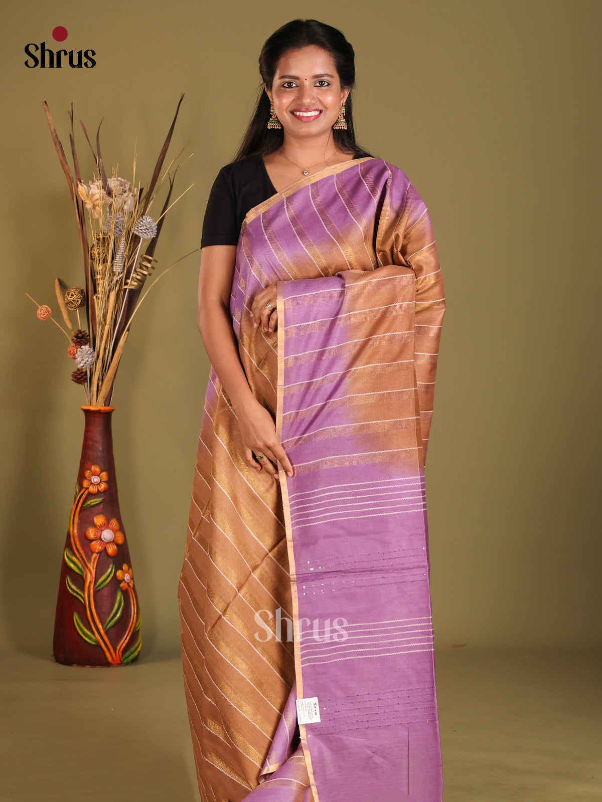 Brown & Lavender - Semi Tussar saree - Shop on Shrus.com