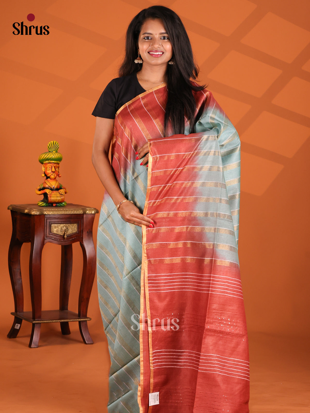 Blue & Brick Orange- Semi Tussar Saree - Shop on Shrus.com