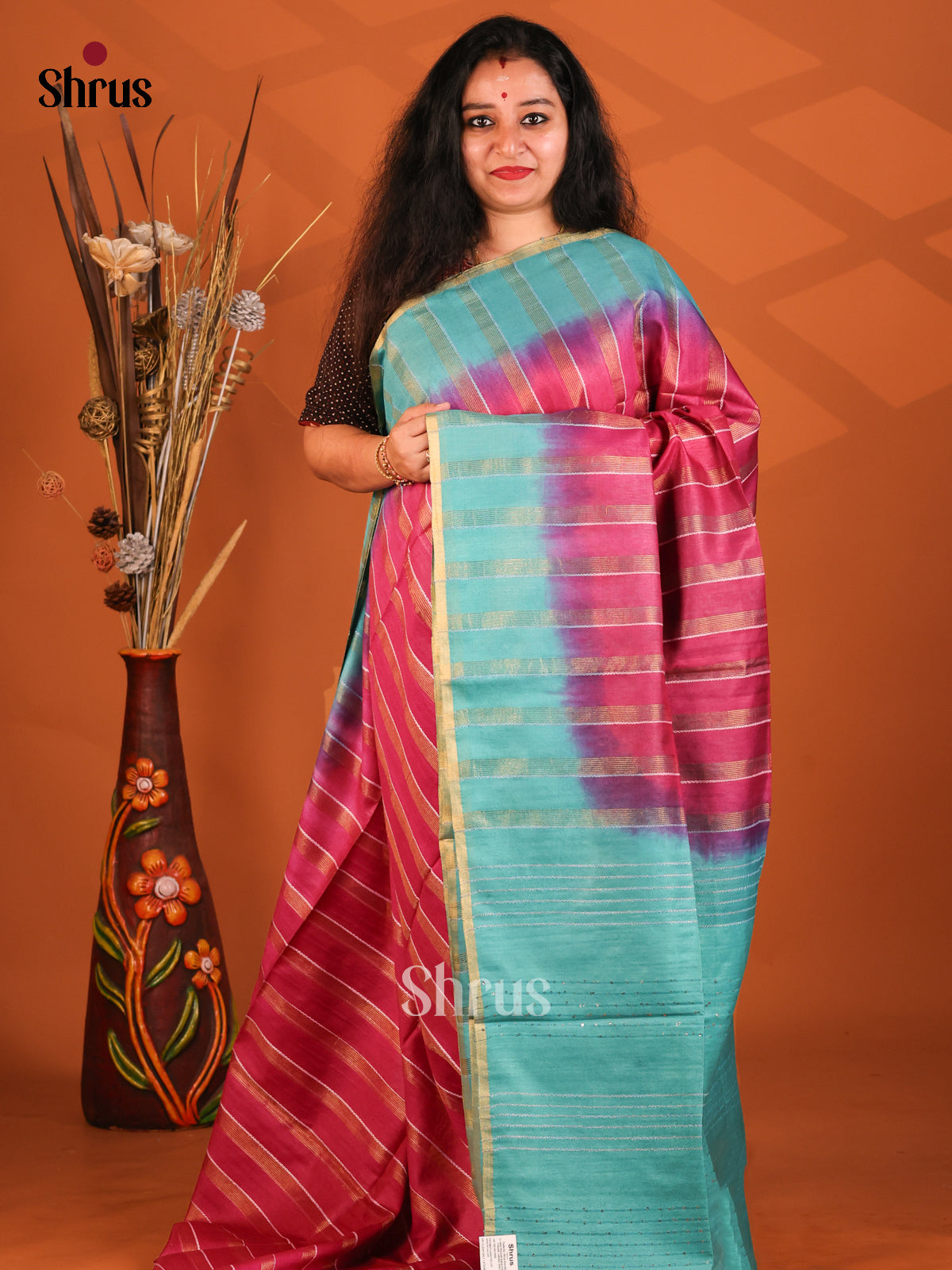 Maroon & Teal- Semi Tussar Saree - Shop on Shrus.com