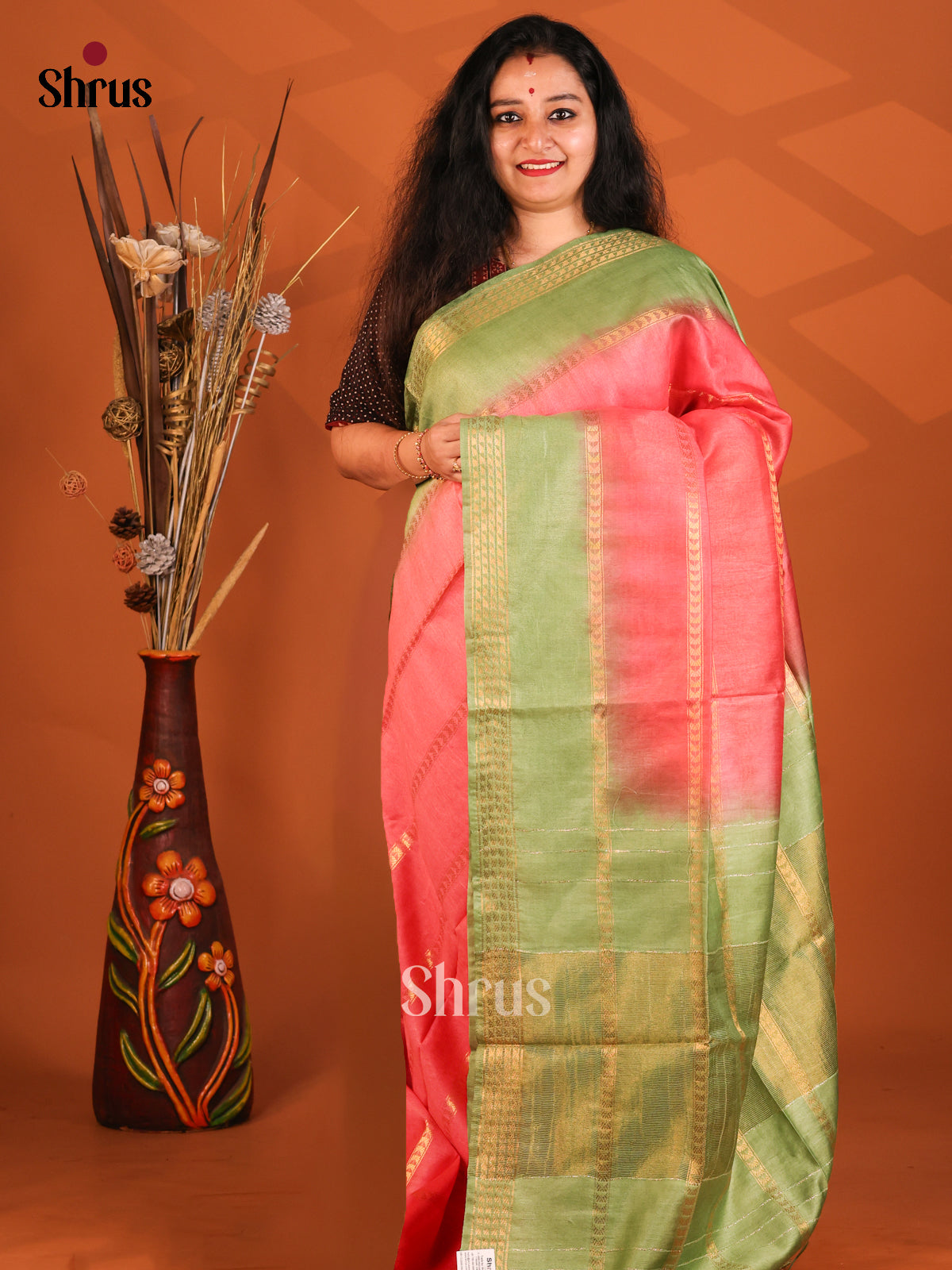 Pink & Lite Green- Semi Tussar Saree - Shop on Shrus.com