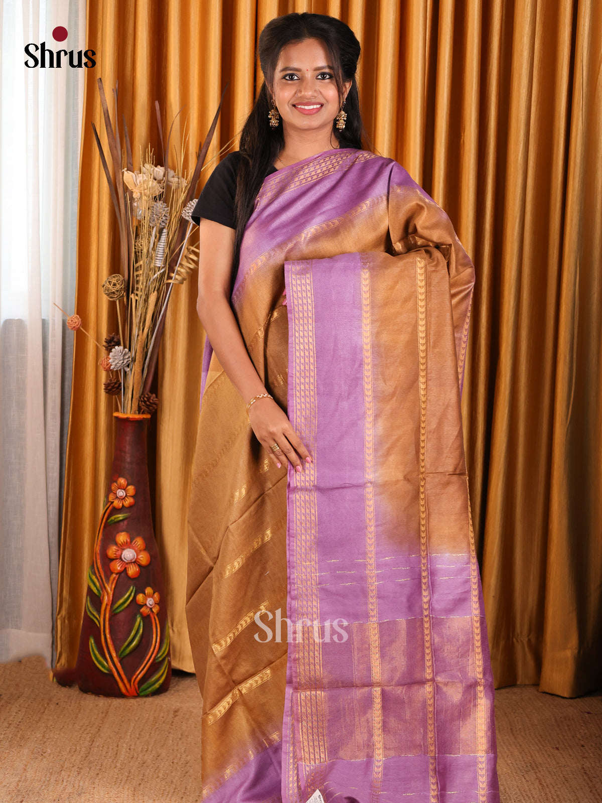 Brown & Lavender- Semi Tussar Saree - Shop on Shrus.com