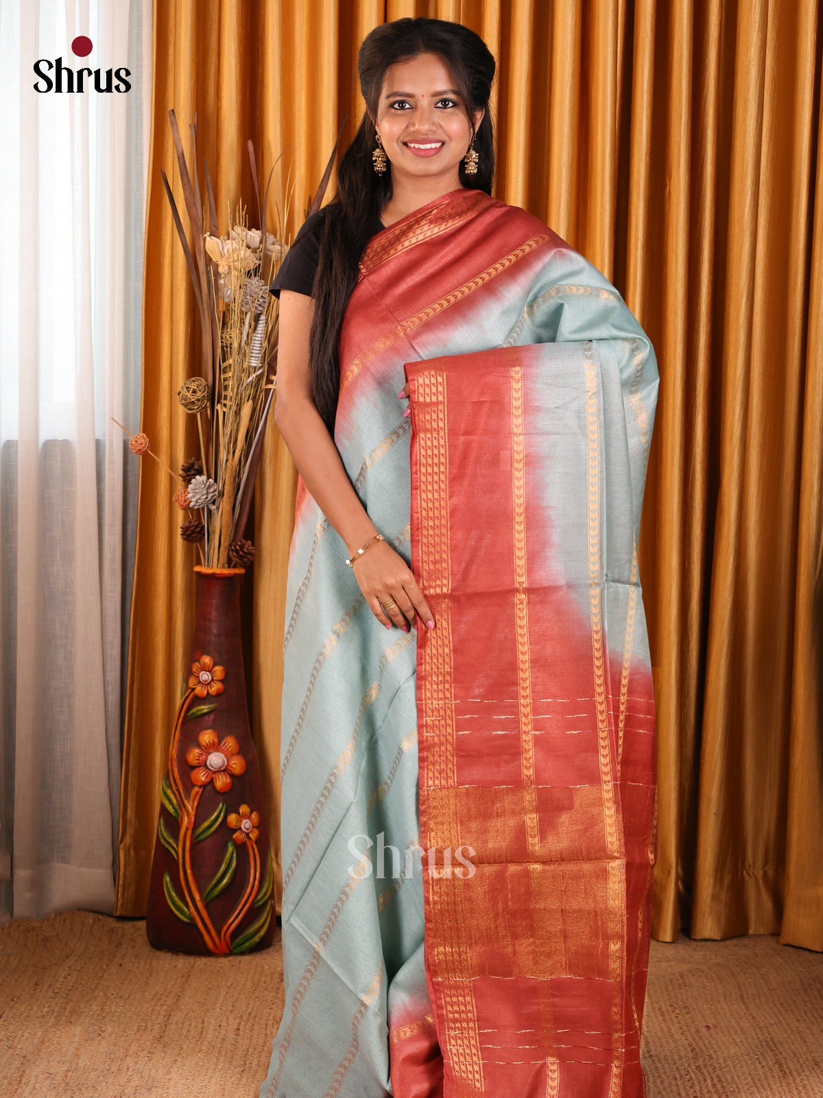 Light Blue & Brown- Semi Tussar Saree - Shop on Shrus.com