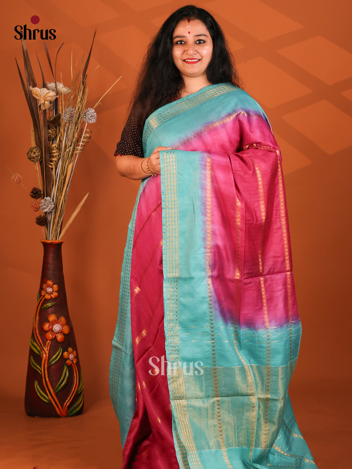 Majenta & Teal- Semi Tussar Saree - Shop on Shrus.com