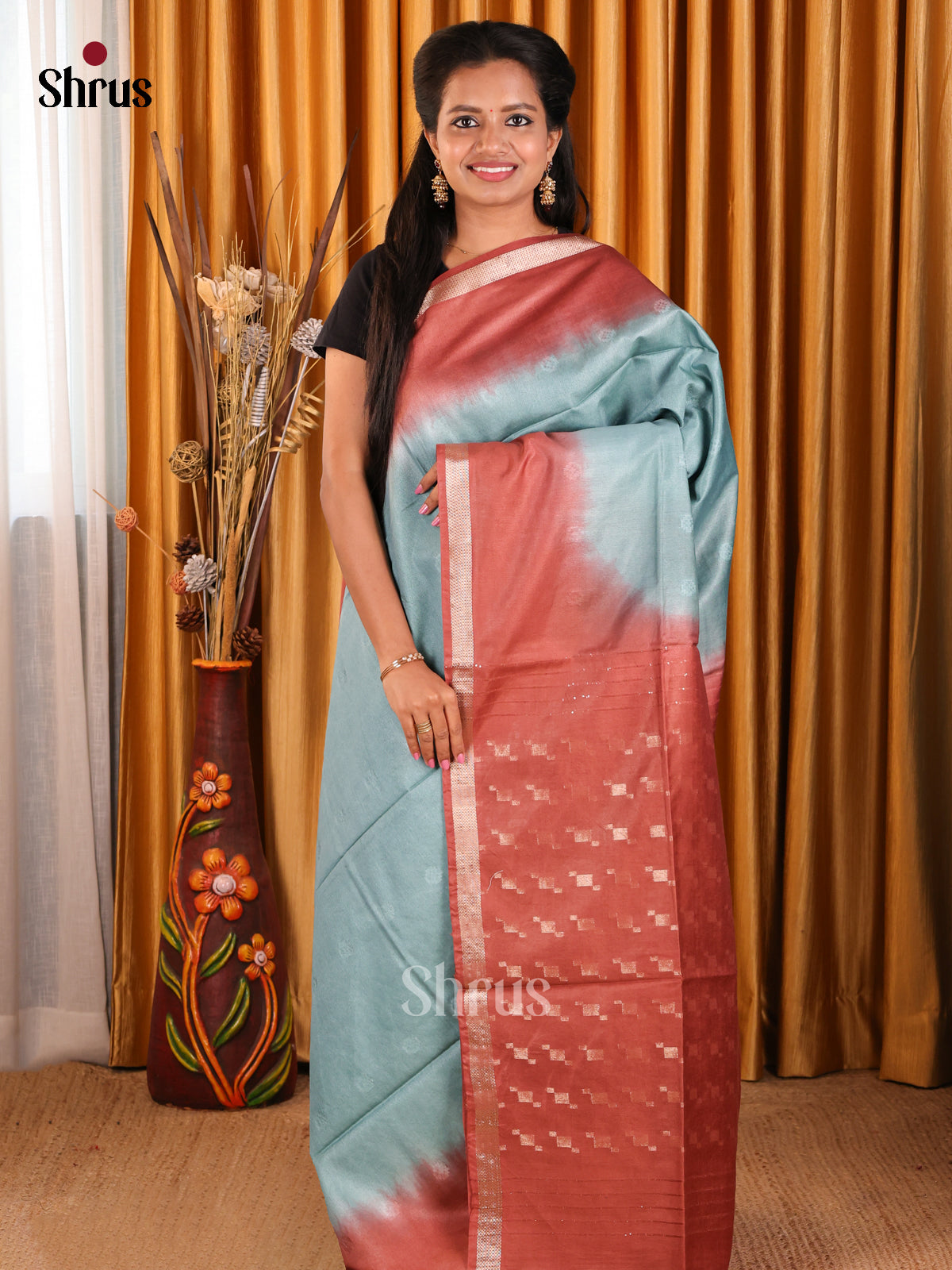 Blue & Brown- Semi Tussar Saree - Shop on Shrus.com