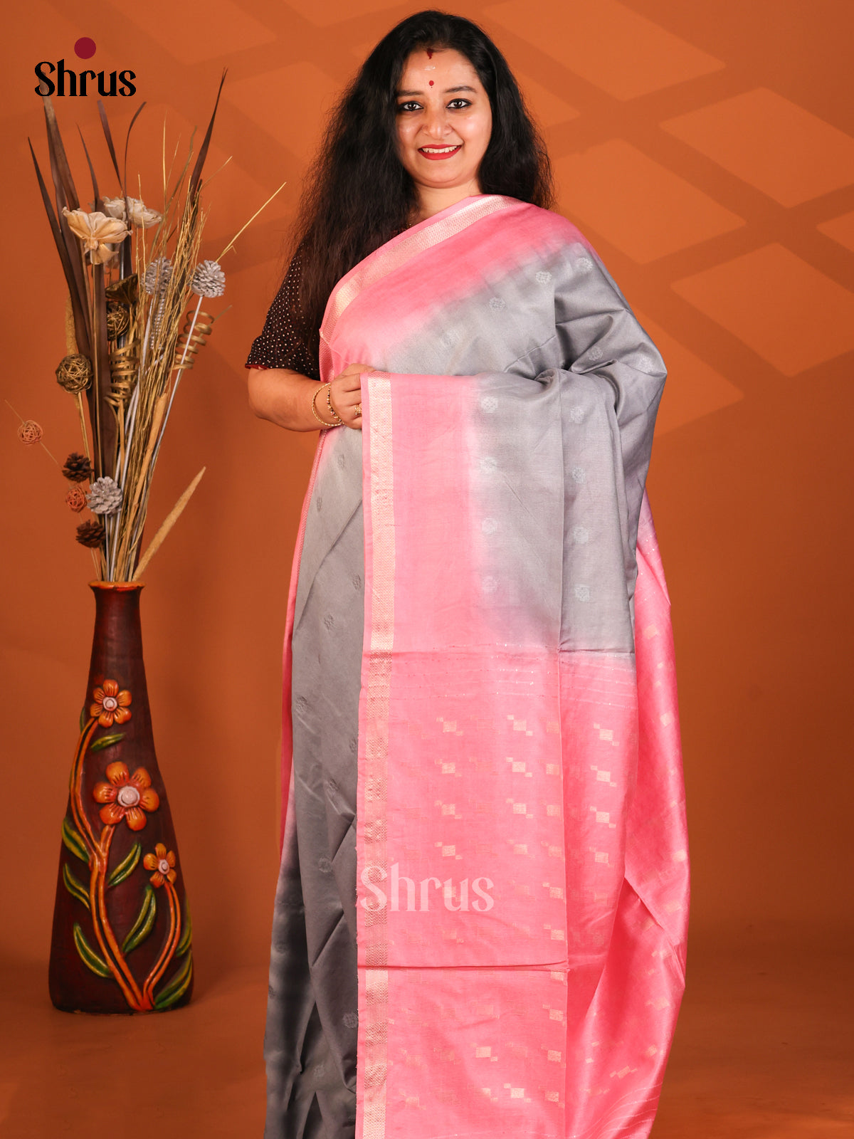 Grey & Pink- Semi Tussar Saree - Shop on Shrus.com