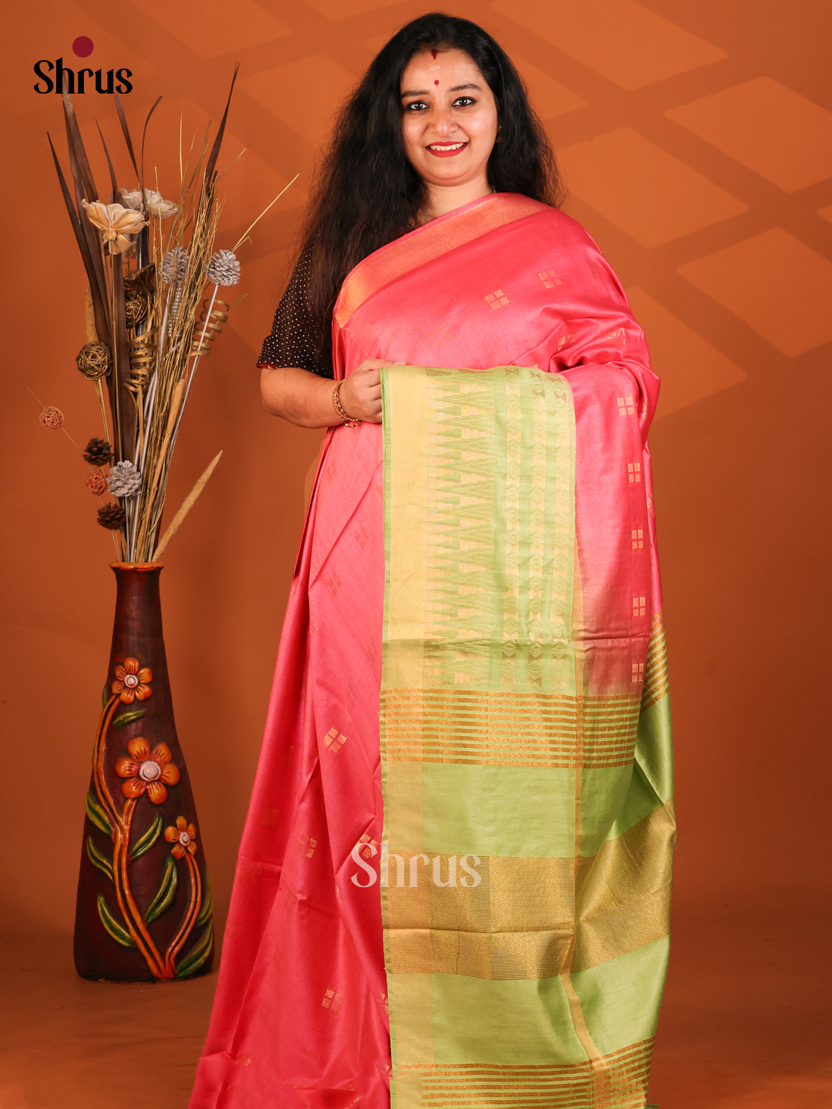 Pink & Pista Green- Semi Tussar Saree - Shop on Shrus.com