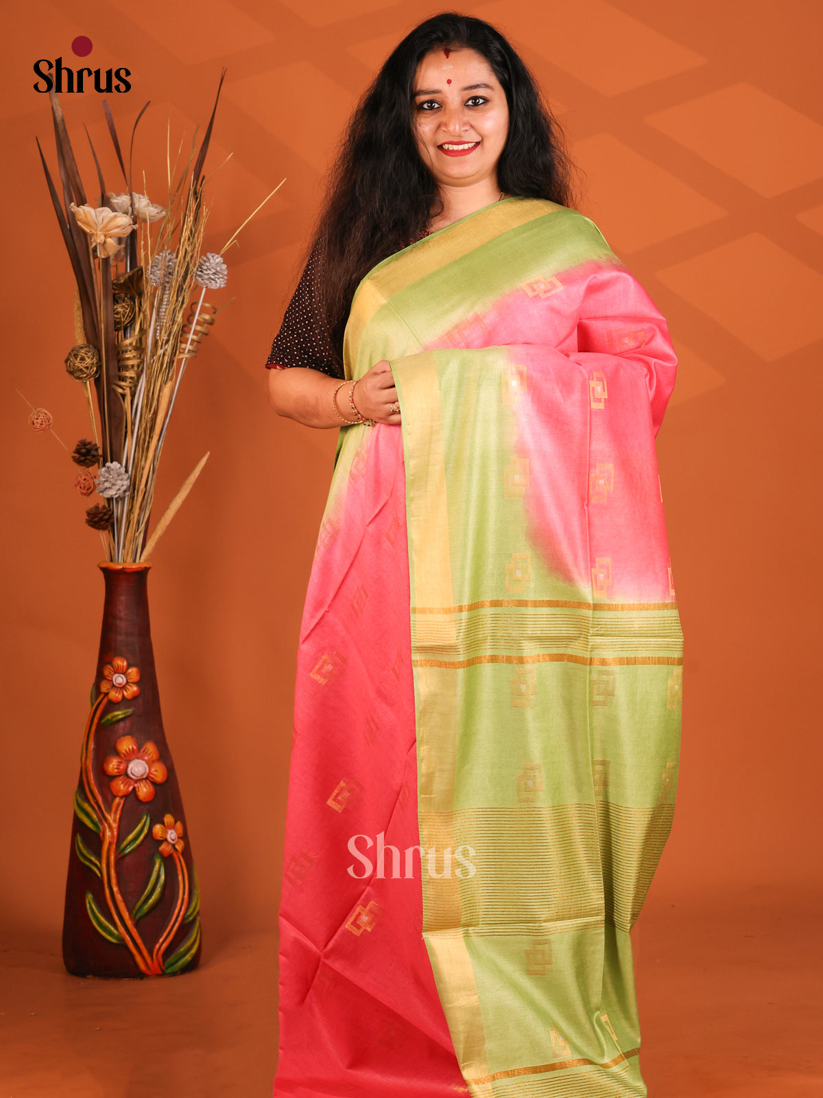 Pink & Green - Semi Tussar Saree - Shop on Shrus.com