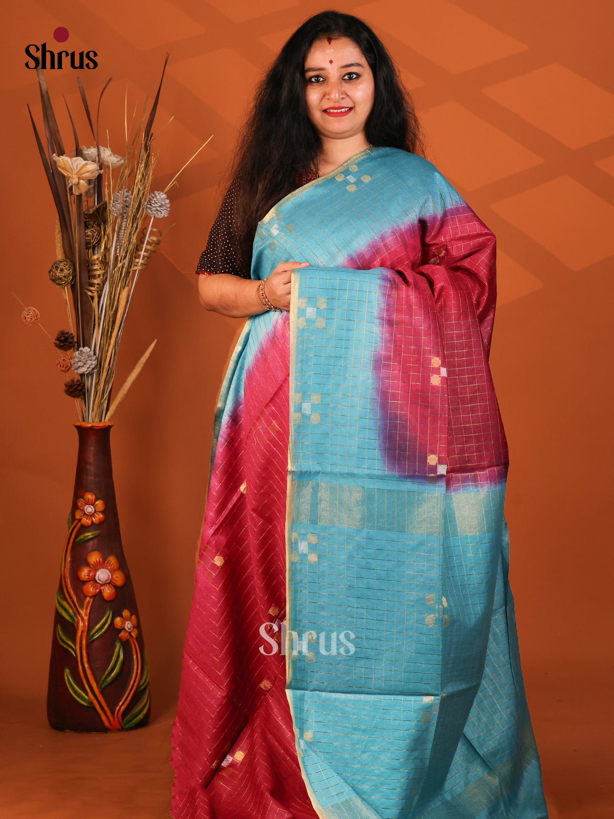 Maroon & Blue- Semi Tussar Saree - Shop on Shrus.com