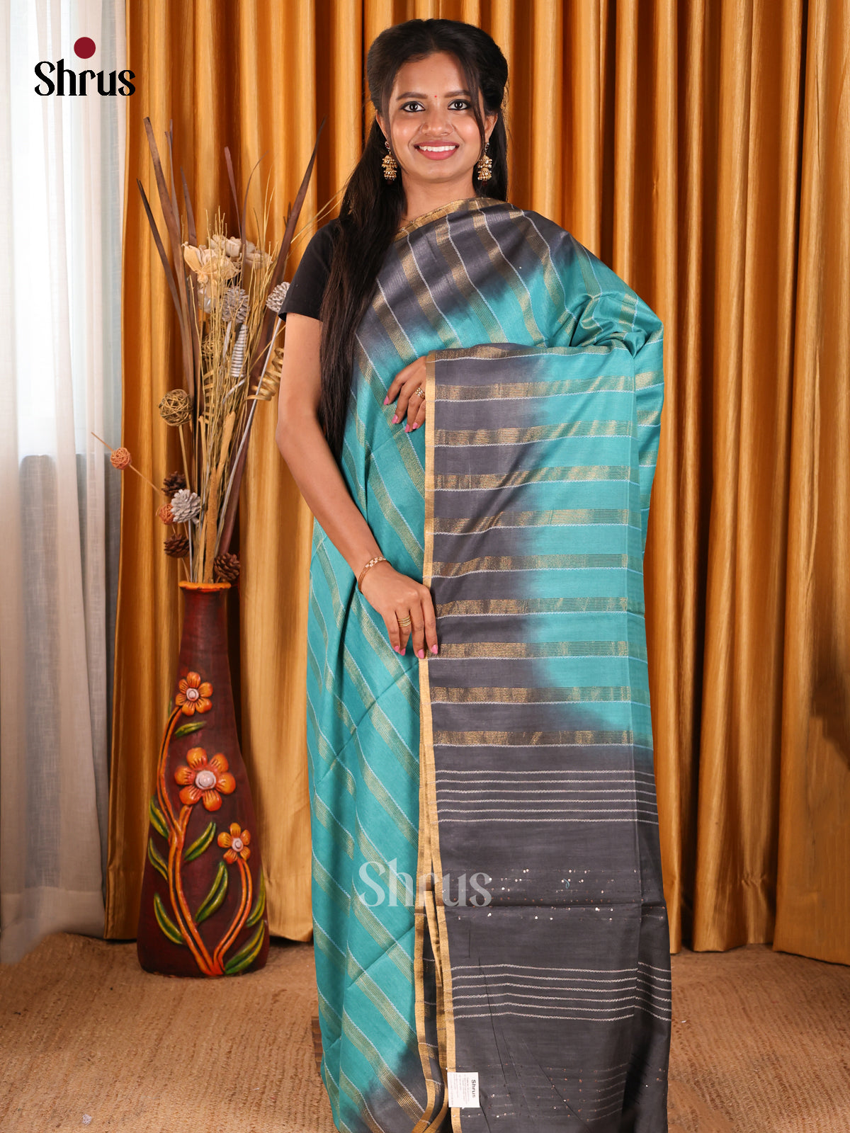 Teal & Black - Semi Tussar Saree - Shop on Shrus.com