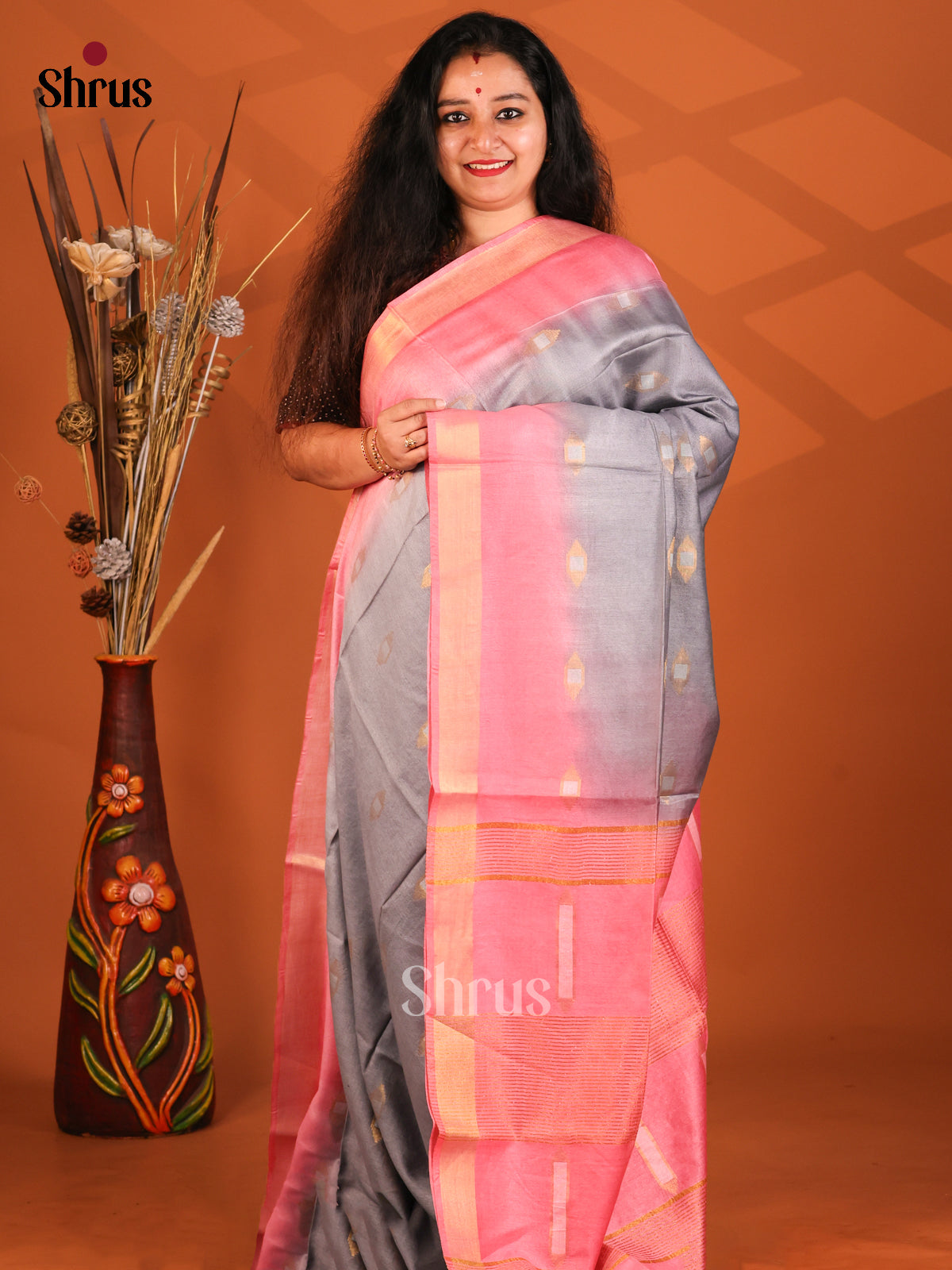 Grey with Pink - Semi Tussar Saree - Shop on Shrus.com