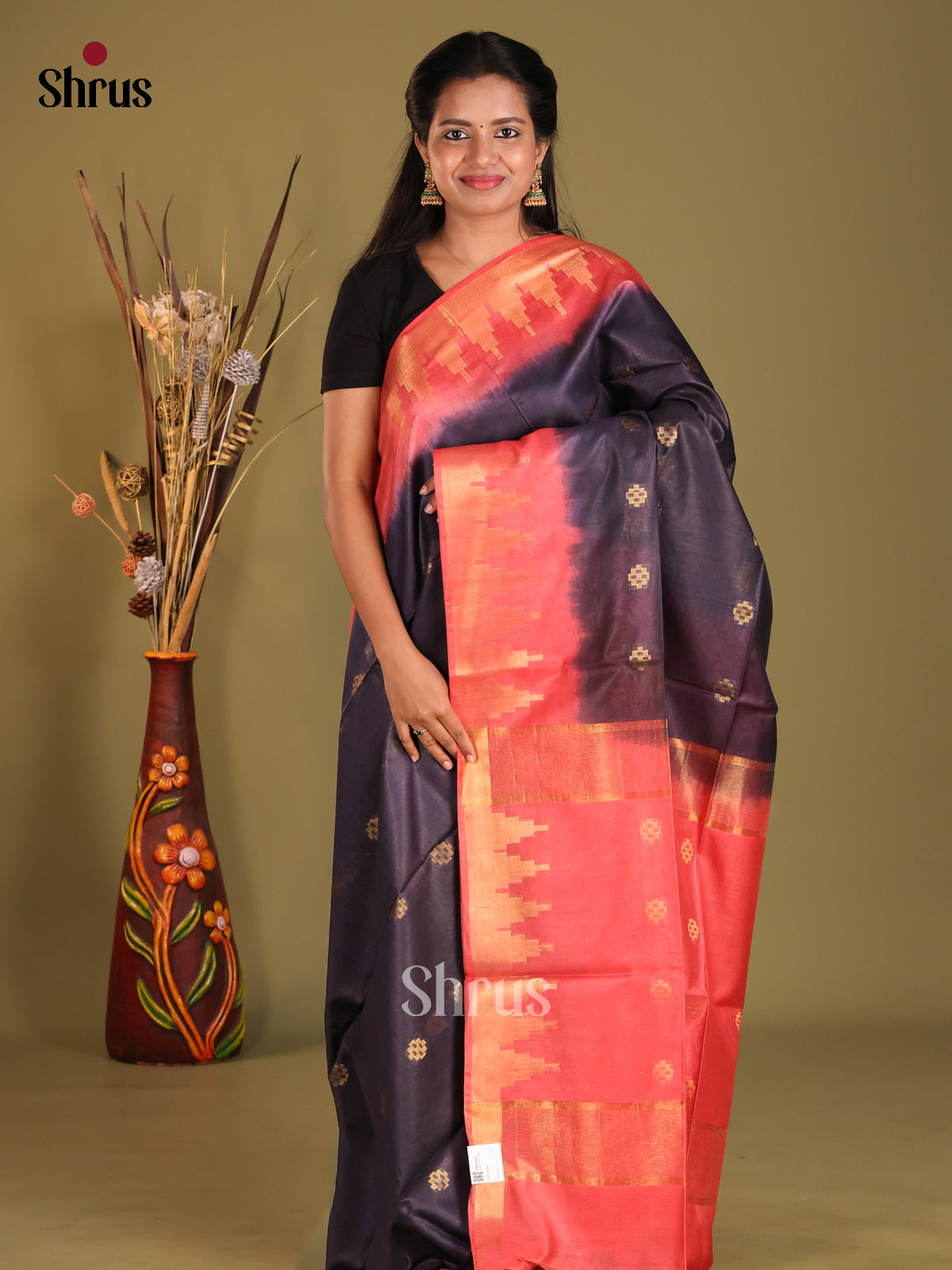 Black & Orangish Pink - Semi Tussar saree - Shop on Shrus.com