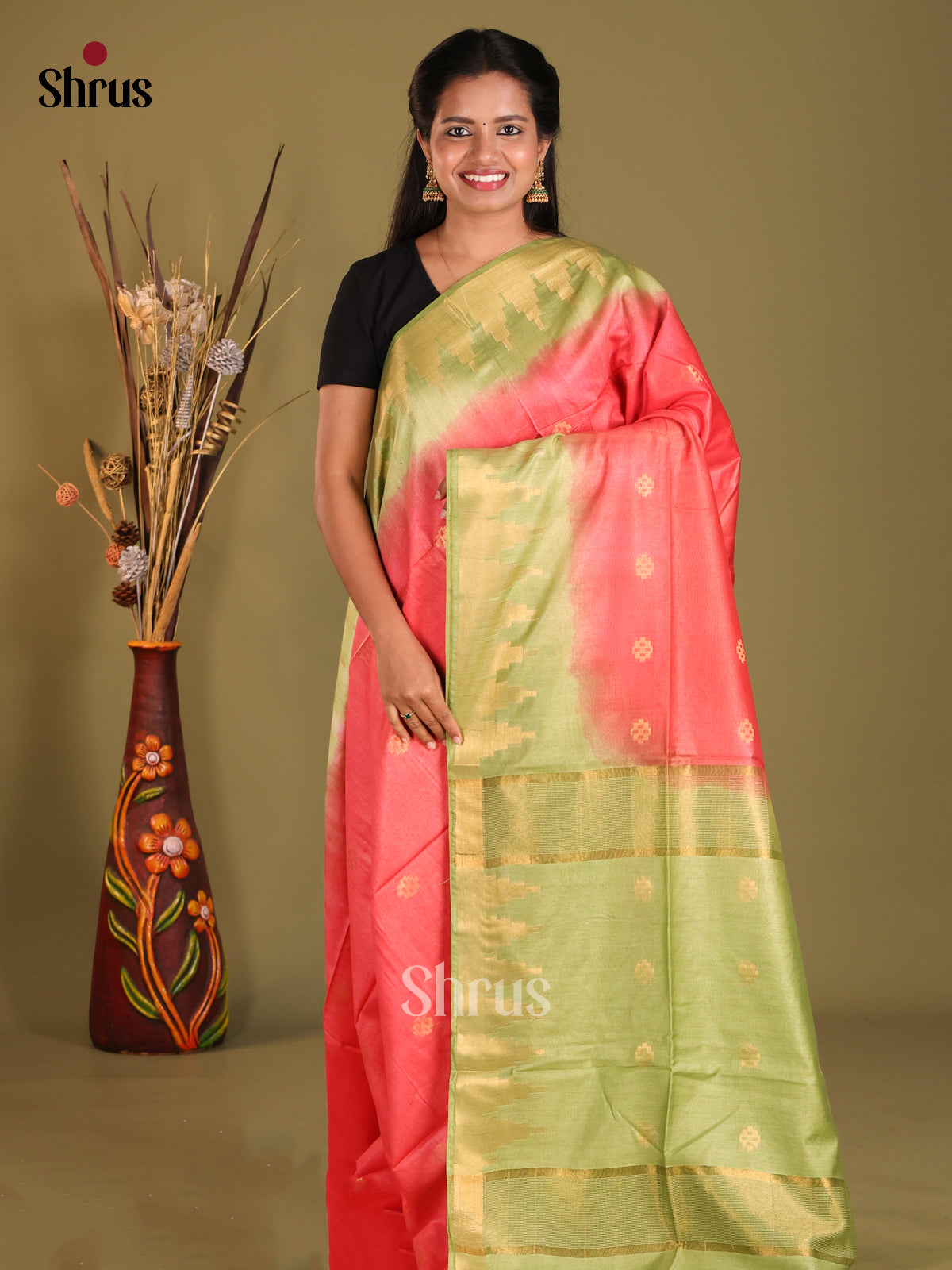 Red & Light Green - Semi Tussar saree - Shop on Shrus.com