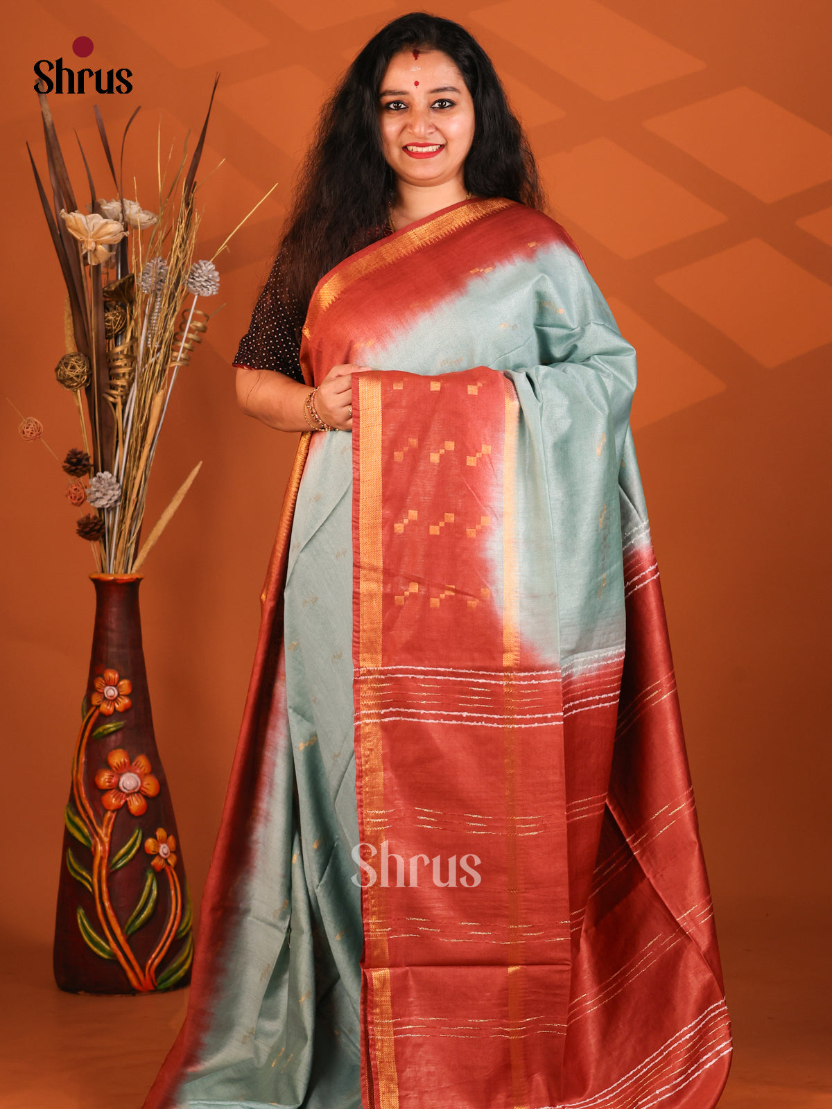 Pastel Blue & Red- Semi Tussar Saree - Shop on Shrus.com