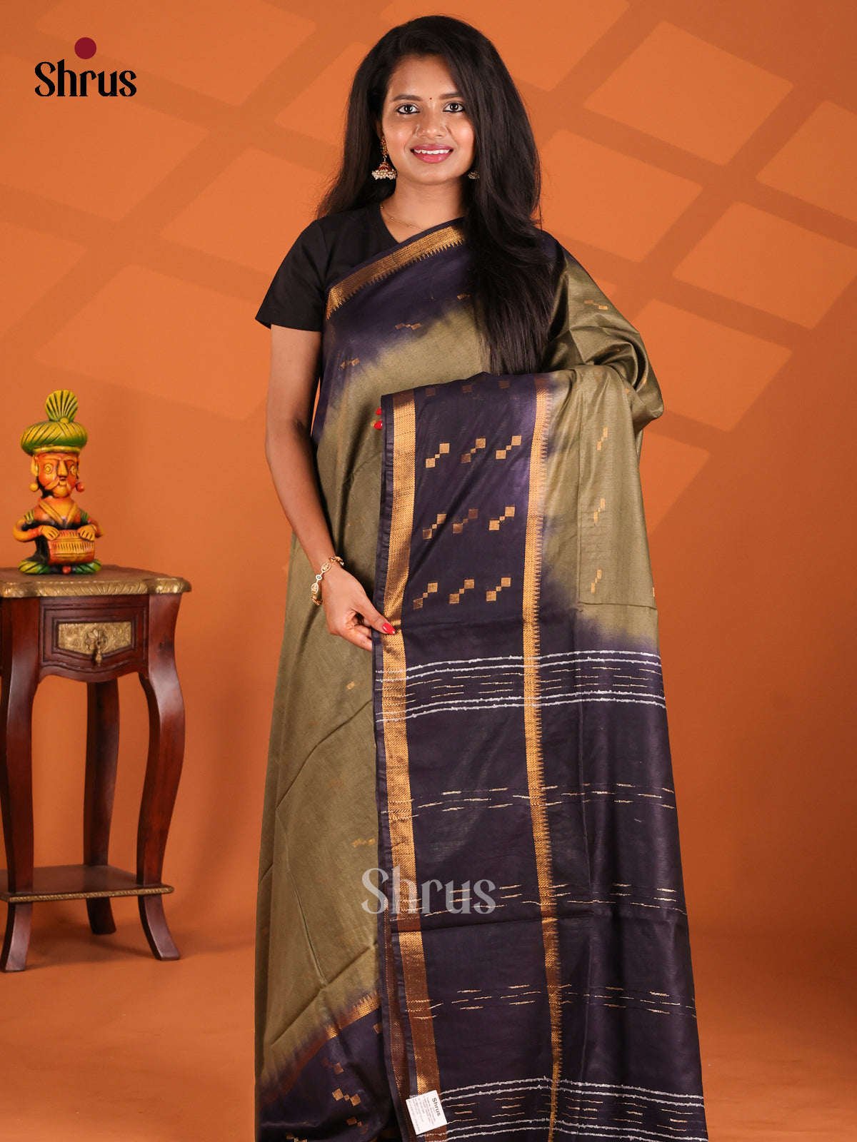 Chutney Green & Blue - Semi Tussar Saree - Shop on Shrus.com