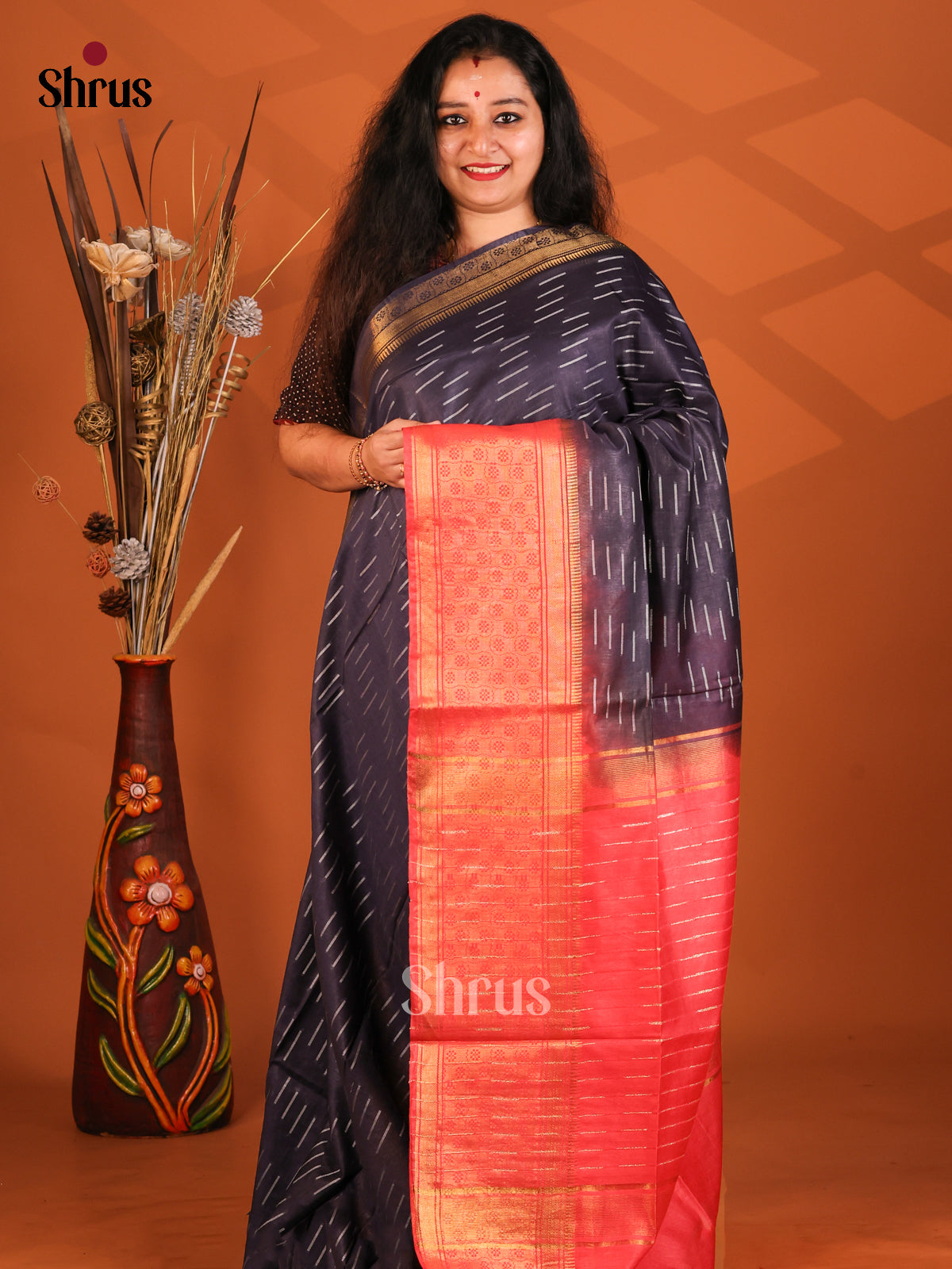 Black & Orangish pink - Semi Tussar Saree - Shop on Shrus.com