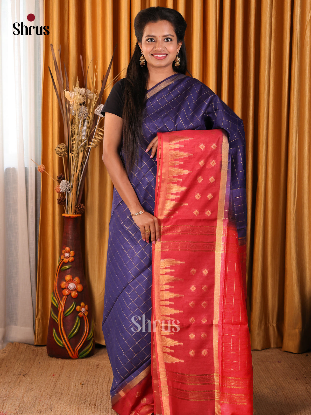 Blue & Orangish Pink - Semi Tussar Saree - Shop on Shrus.com
