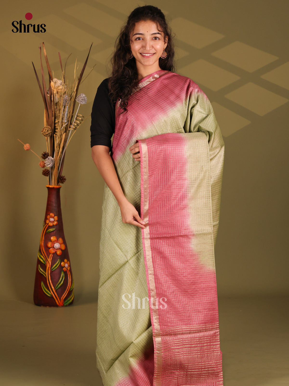 Green & Maroon- Semi Tussar Saree - Shop on Shrus.com