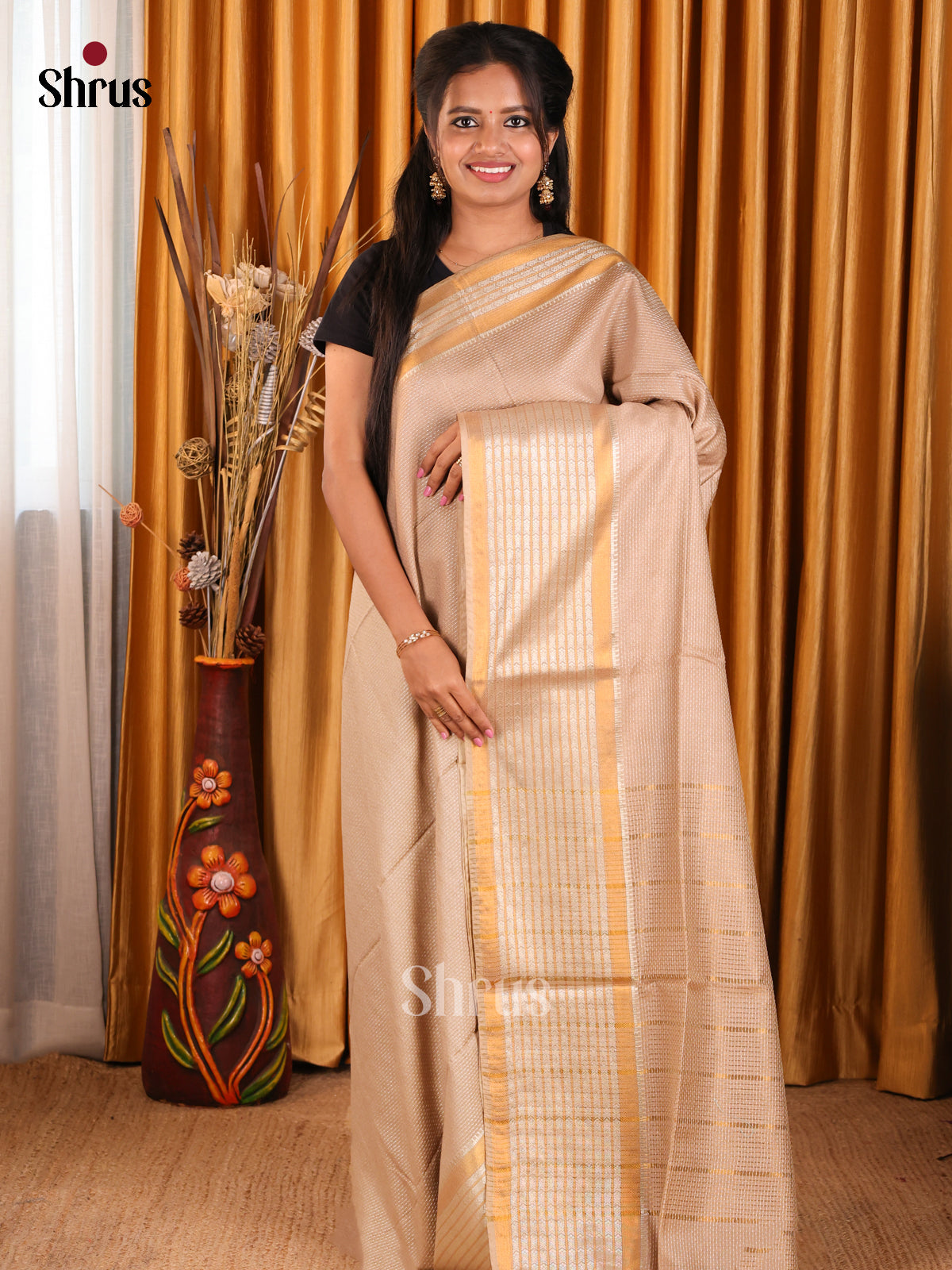 Beige - Semi Tussar Saree - Shop on Shrus.com