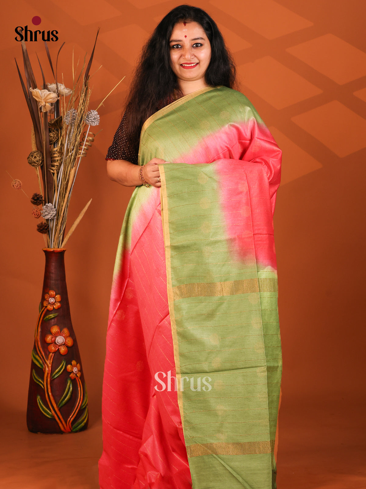 Pink & Green - Semi Tussar Saree - Shop on Shrus.com