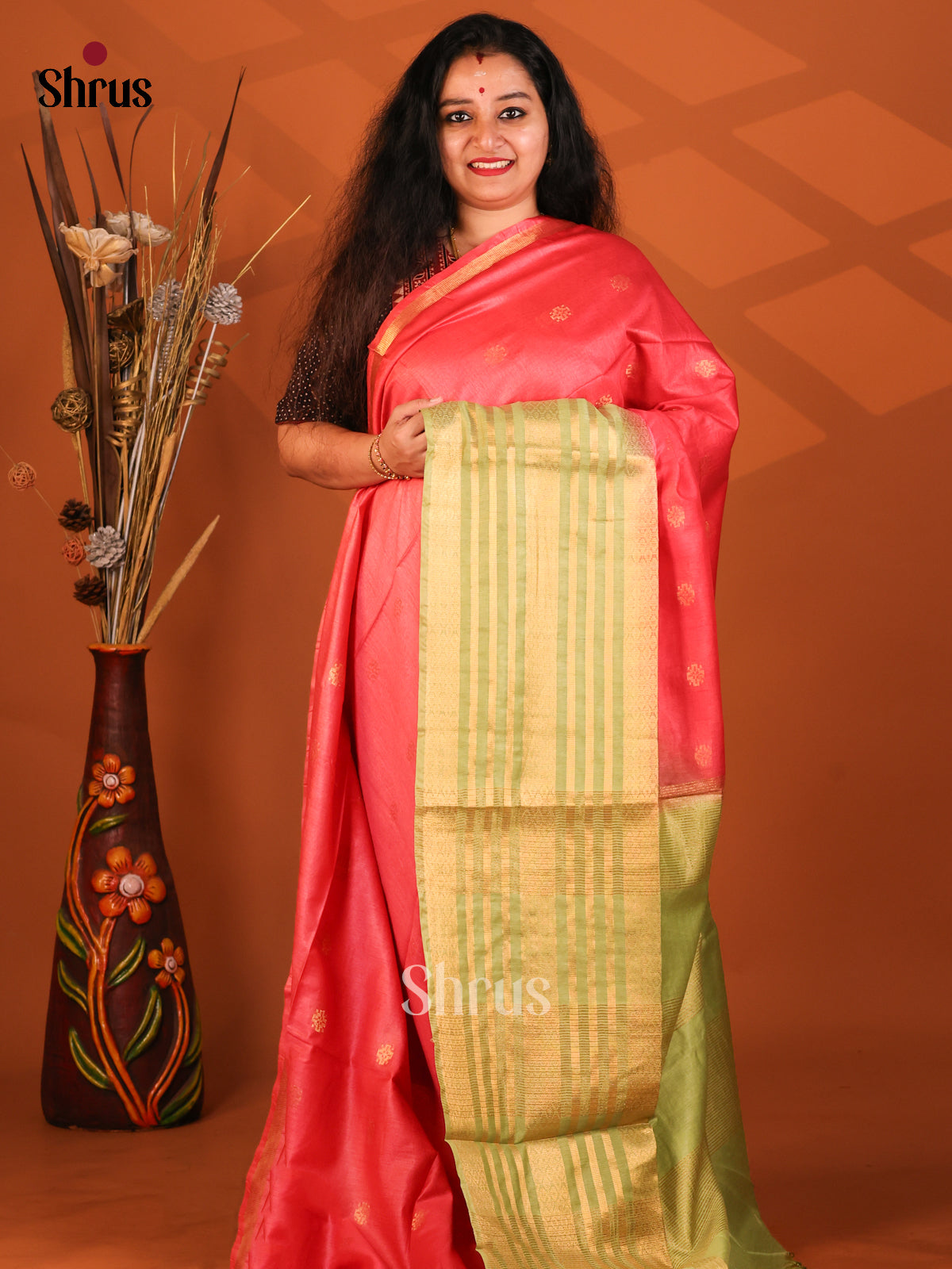 Red & Green- Semi Tussar Saree - Shop on Shrus.com