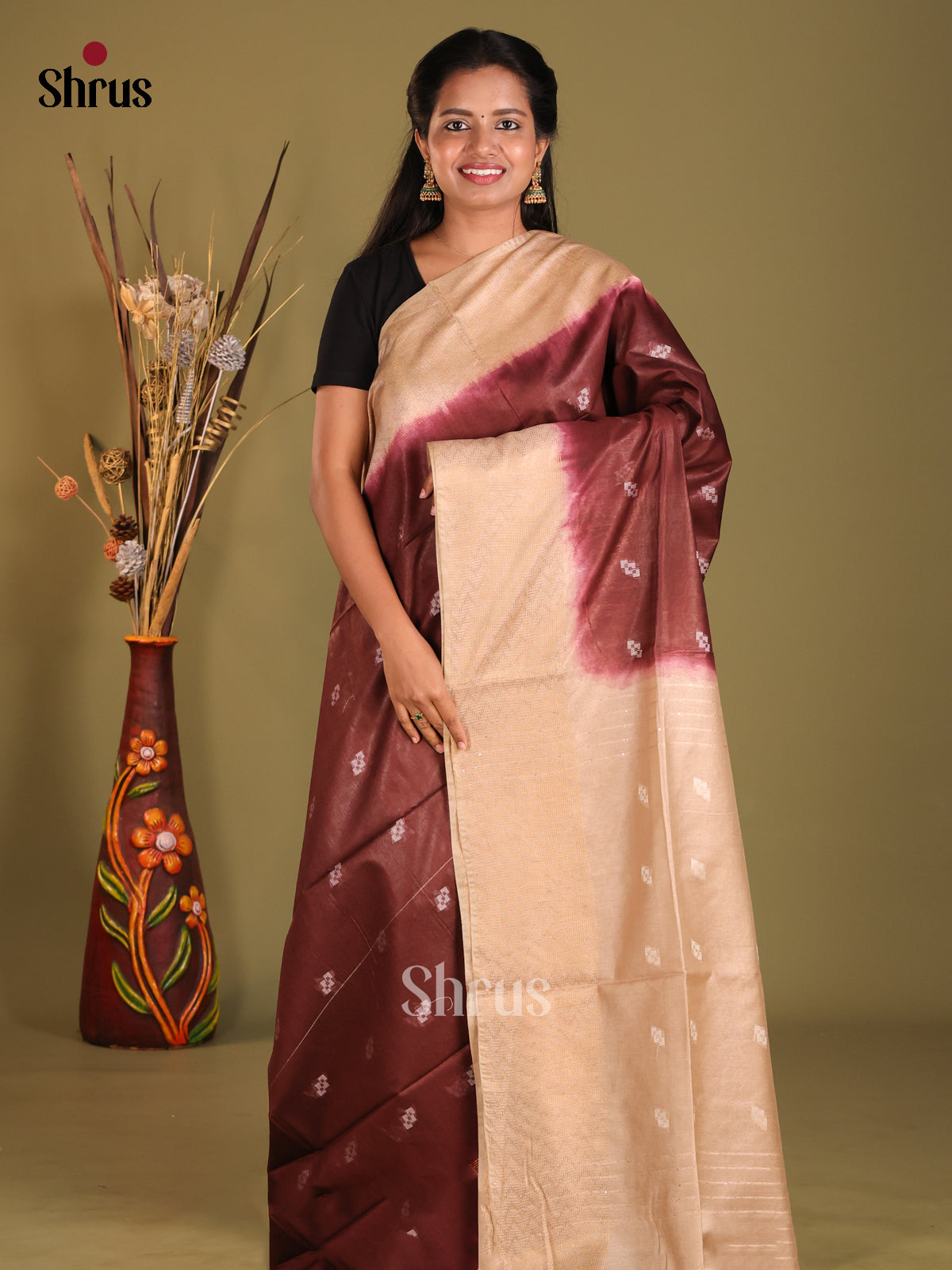 Brown & Cream - Semi Tussar saree - Shop on Shrus.com