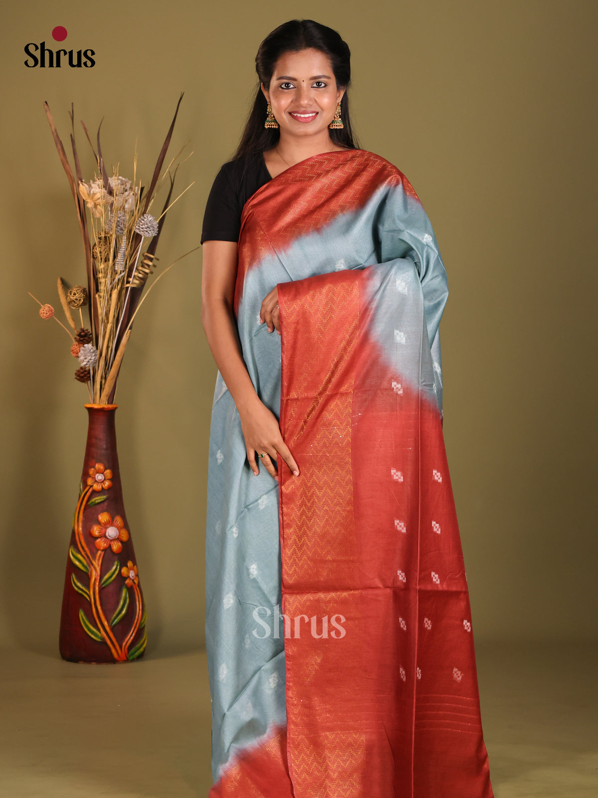 Blue & Red - Semi Tussar saree - Shop on Shrus.com