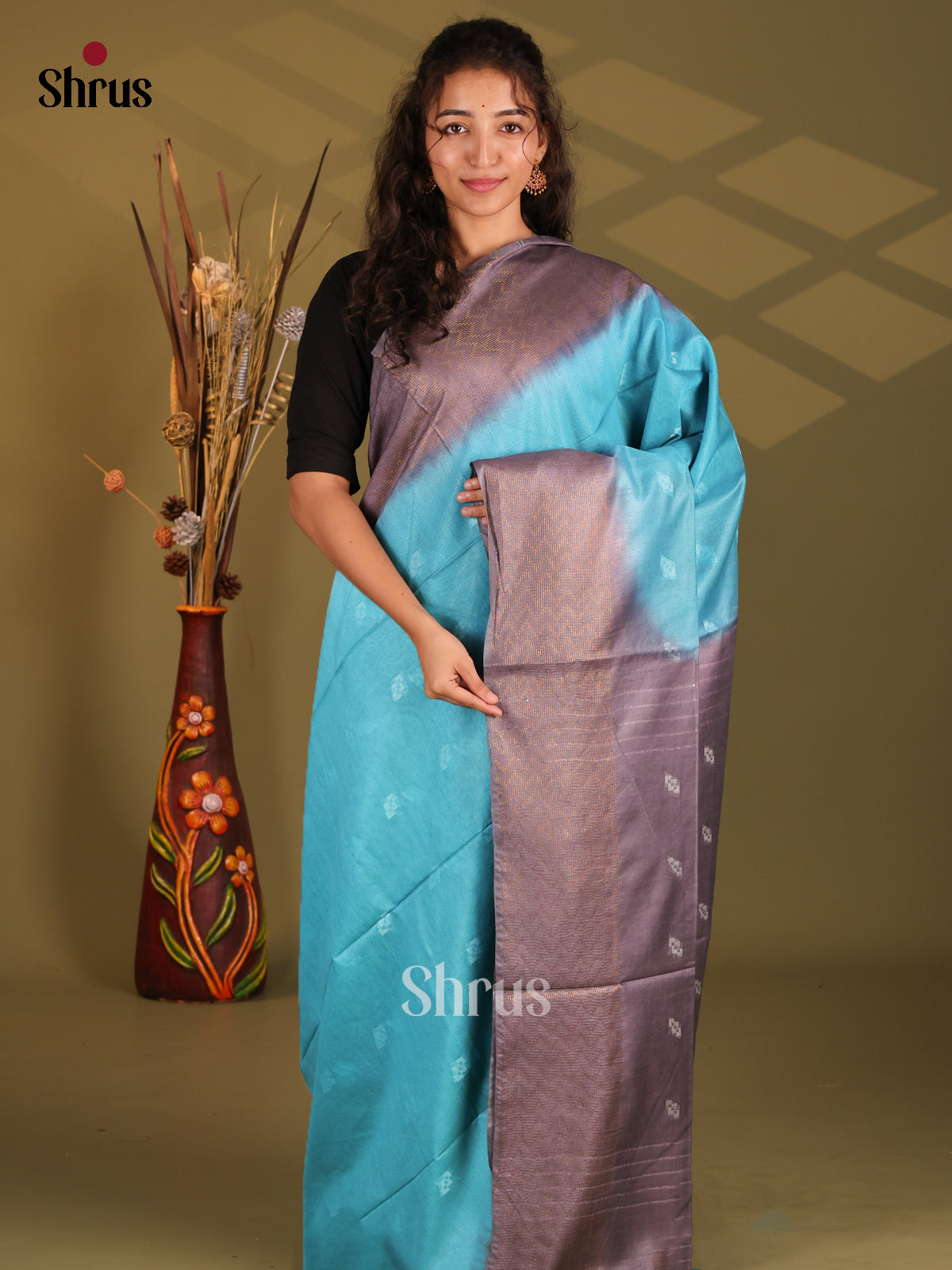 Blue & Grey - Semi Tussar Saree - Shop on Shrus.com