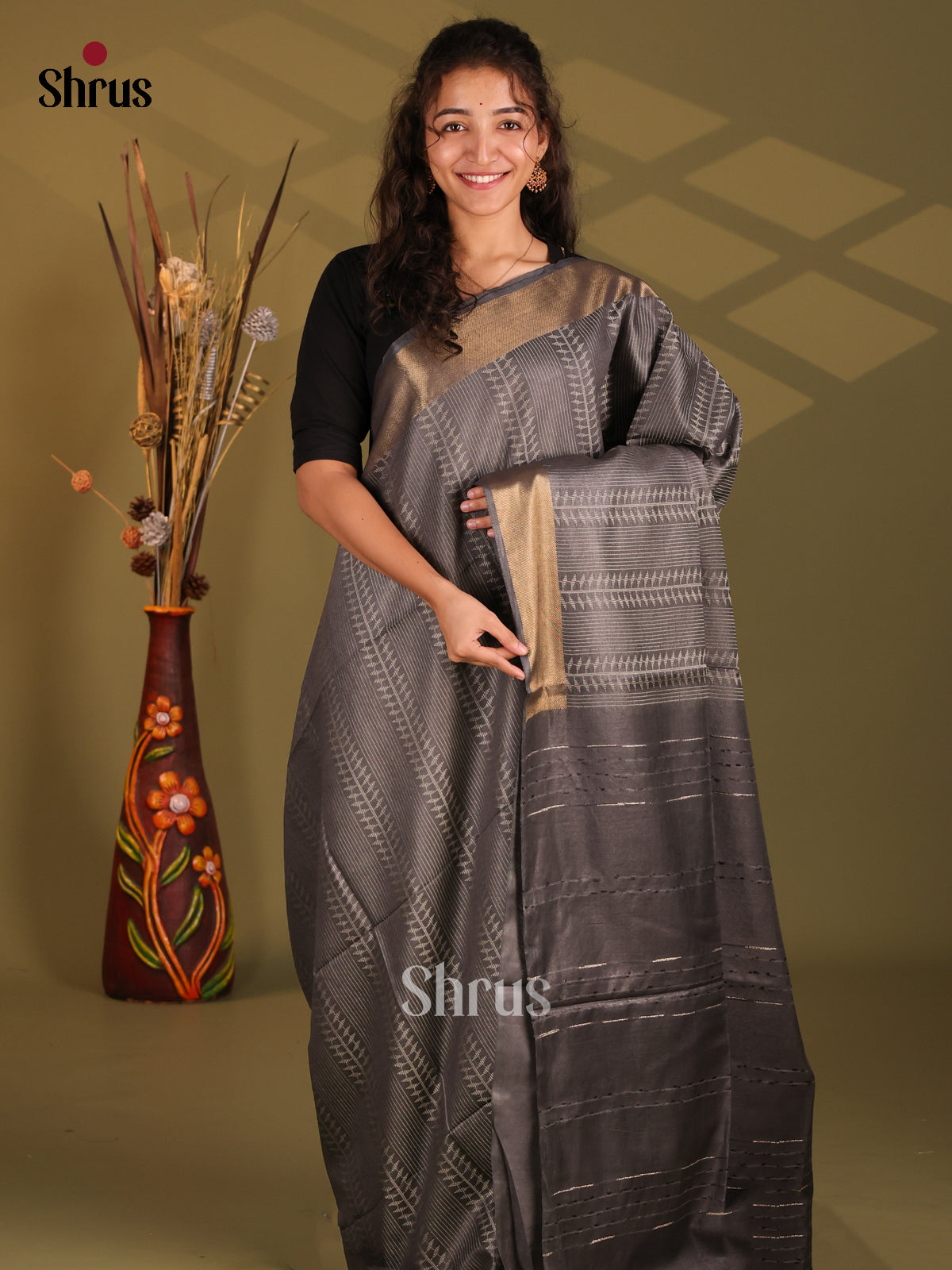 Grey & Elephant Grey - Semi Tussar Saree - Shop on Shrus.com