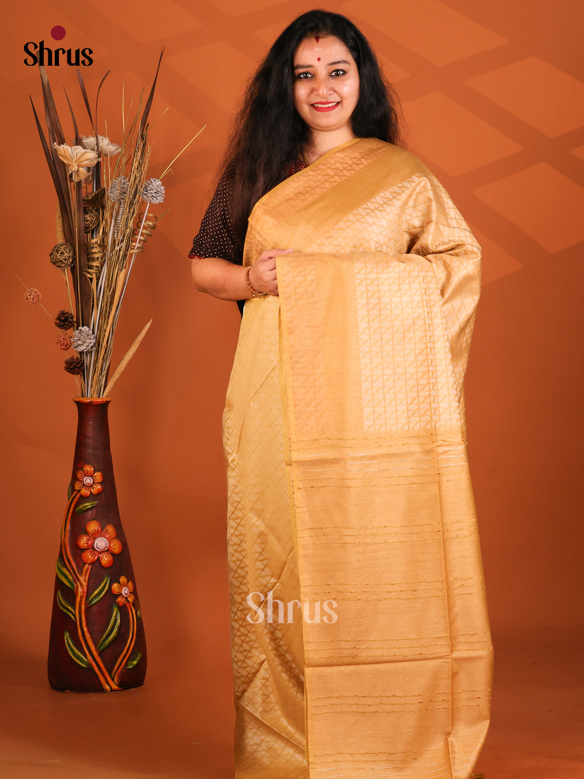 Mustard- Semi Tussar Saree - Shop on Shrus.com