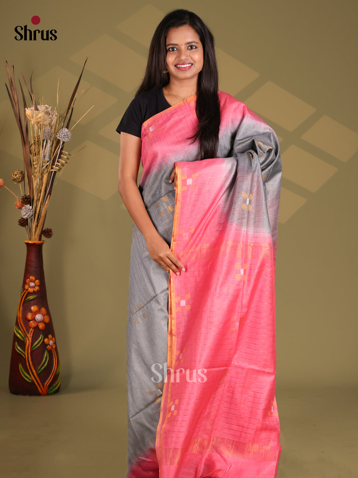 Grey & Pink - Semi Tussar Saree - Shop on Shrus.com