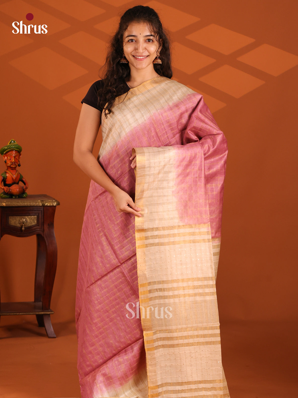 Pink & Cream - Semi Tussar Saree - Shop on Shrus.com