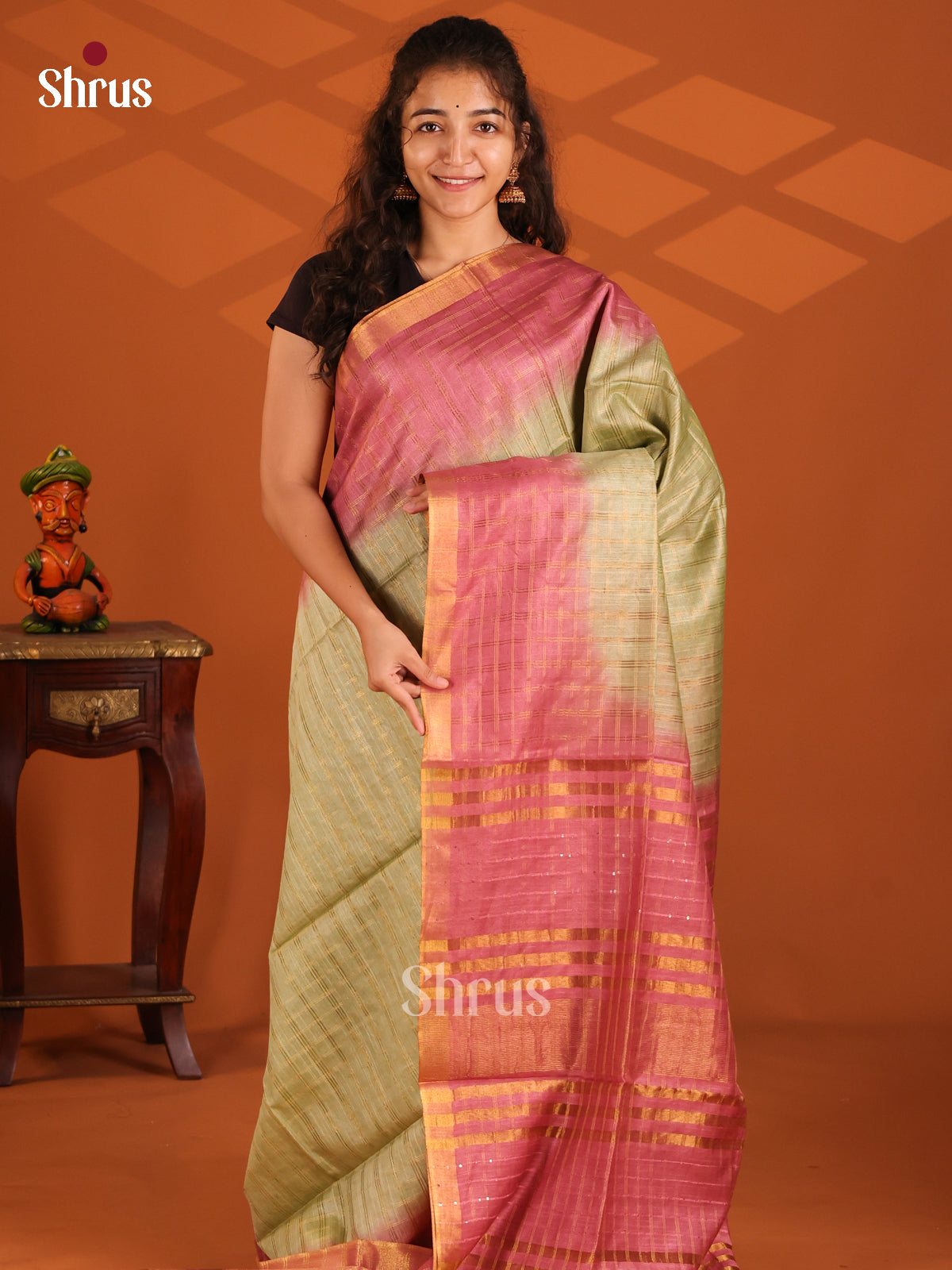 Green & Orangish Pink - Semi Tussar Saree - Shop on Shrus.com