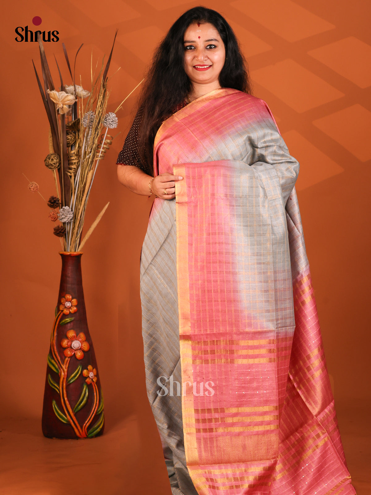 Grey & Orangish Pink - Semi Tussar Saree - Shop on Shrus.com
