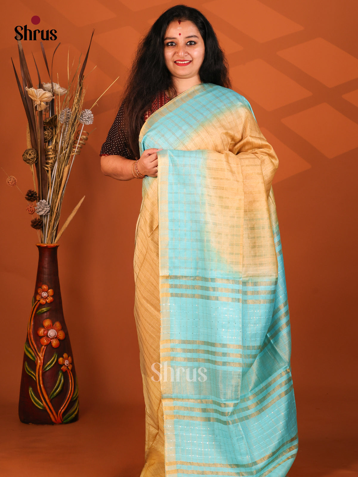 Peach & Blue- Semi Tussar Saree - Shop on Shrus.com