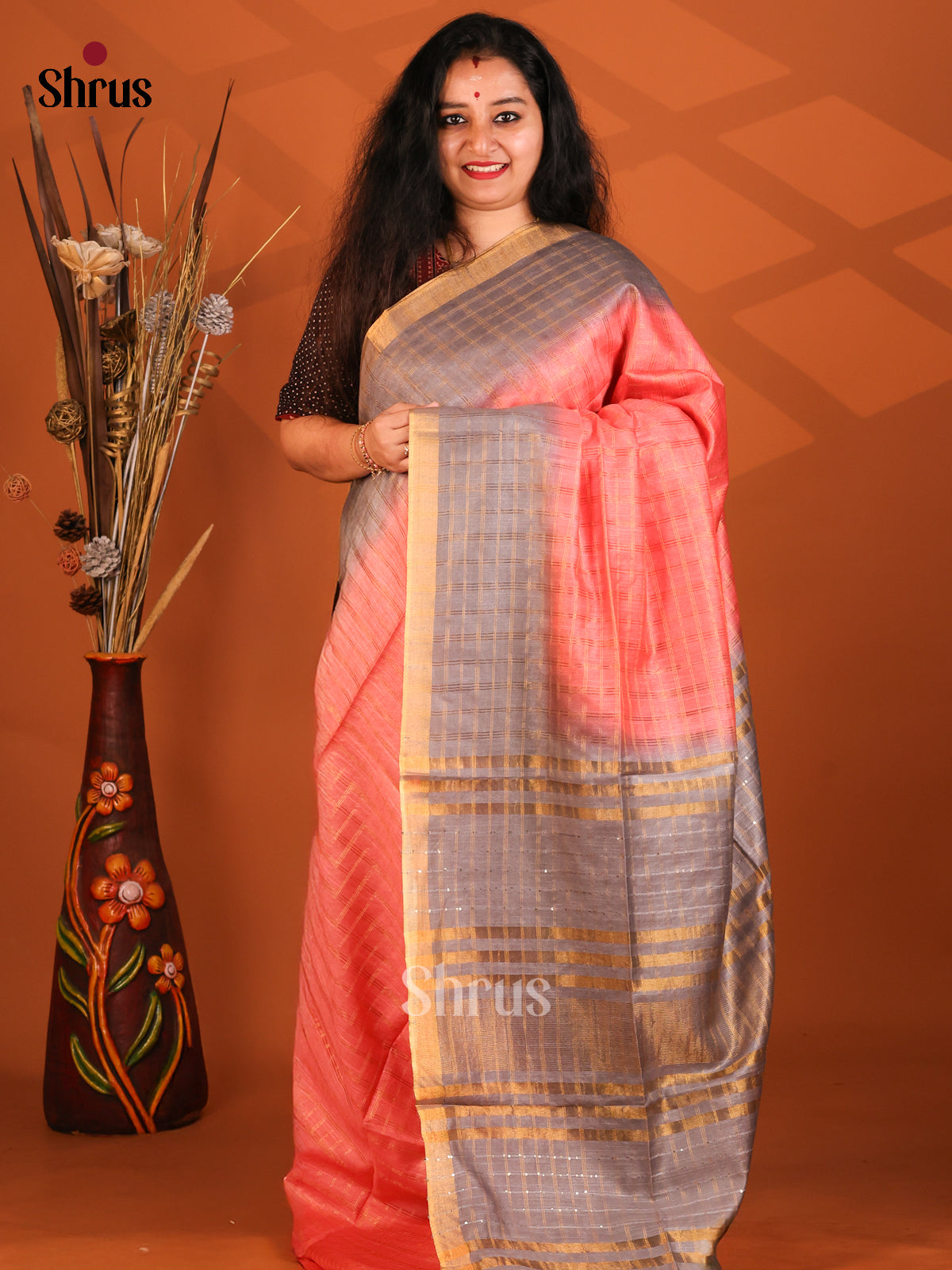 Peach & Grey- Semi Tussar Saree - Shop on Shrus.com