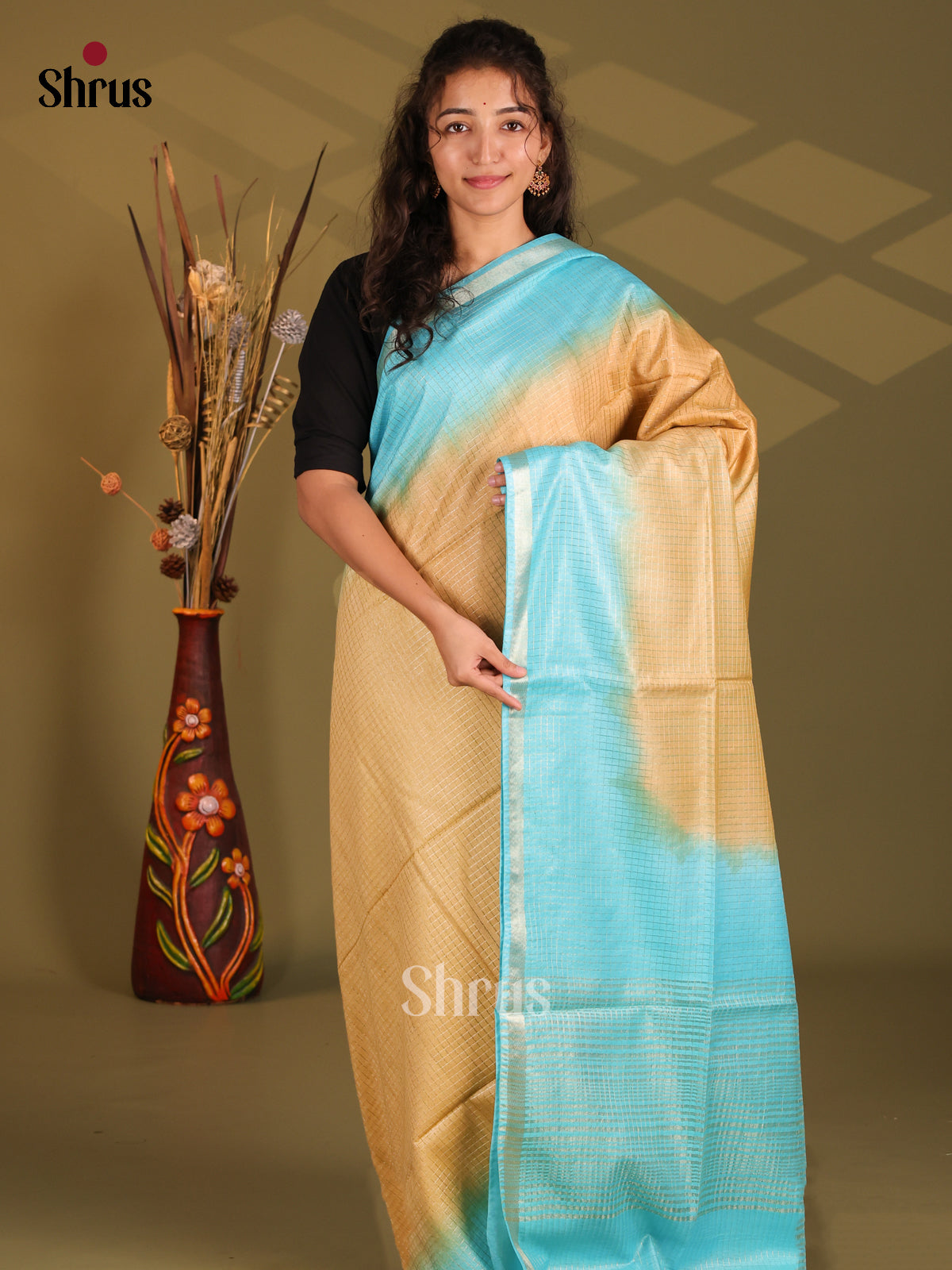 Beige & Blue- Semi Tussar Saree - Shop on Shrus.com
