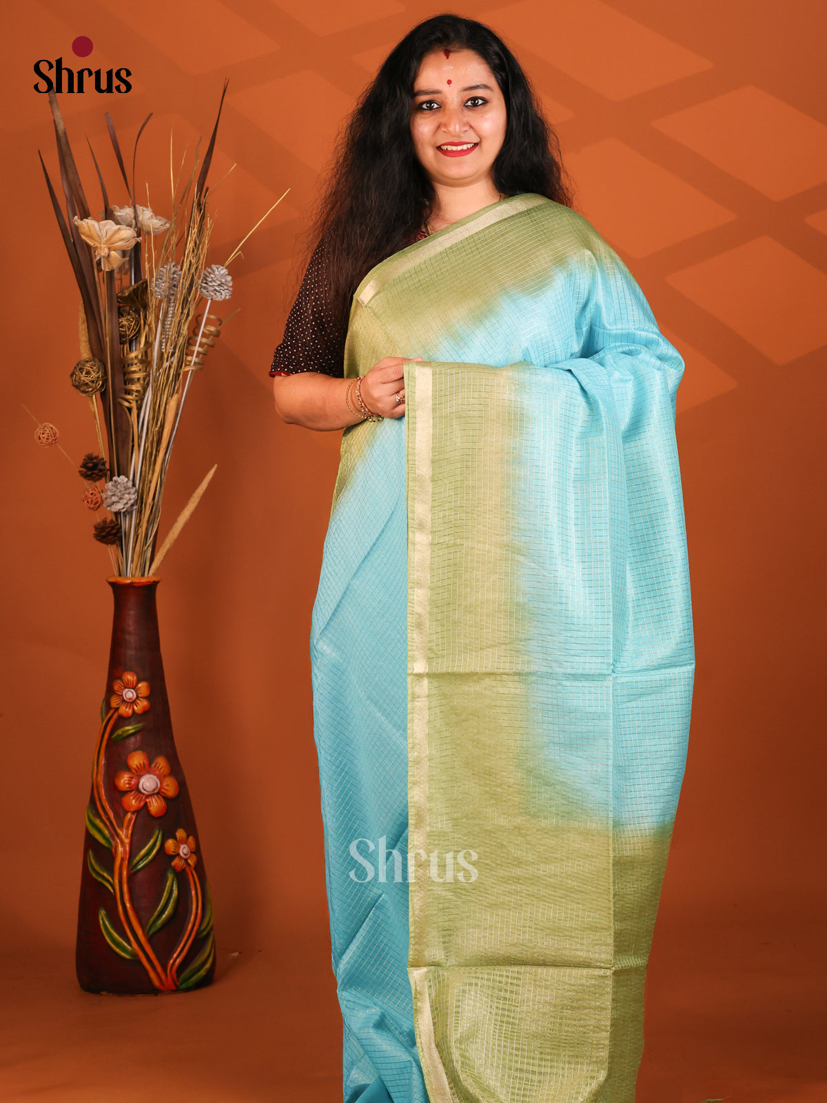 Pastel Blue & Green- Semi Tussar Saree - Shop on Shrus.com