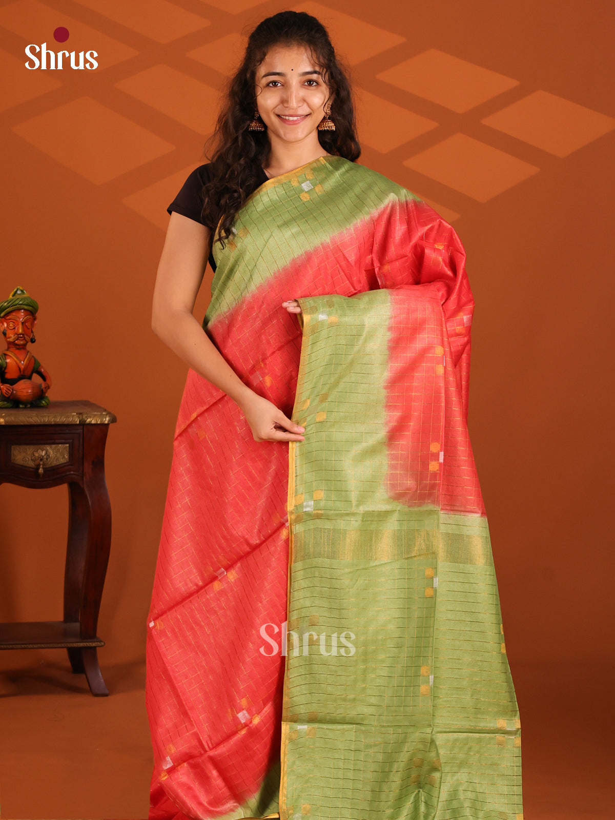Red & Green - Semi Tussar Saree - Shop on Shrus.com