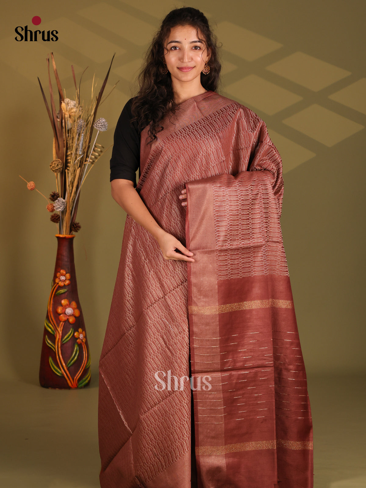 Brown - Semi Tussar Saree - Shop on Shrus.com